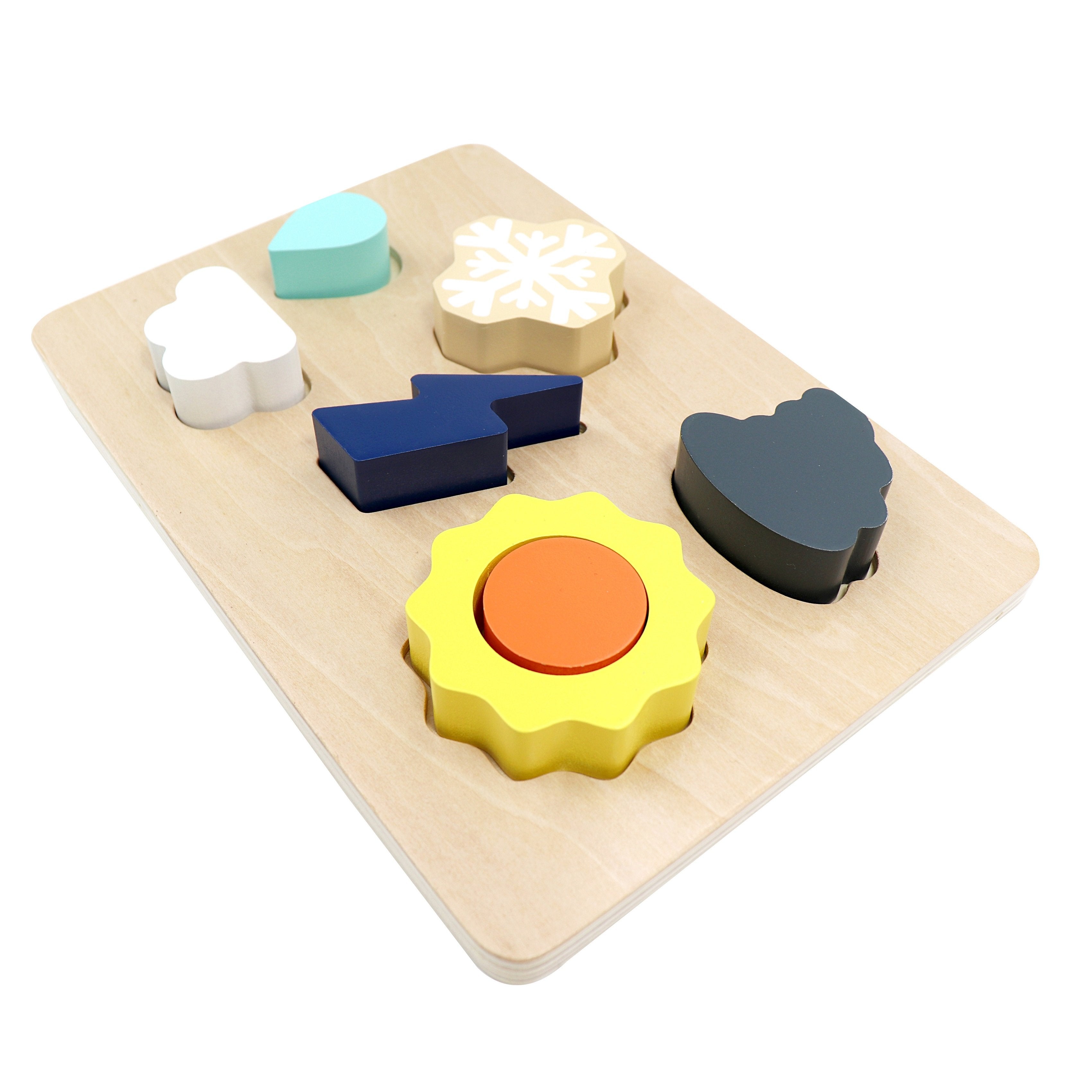 L&F Weather Shape Puzzle Kit with 6 Weather Wooden Pieces and 1 Board | Developmental Toy Set for 2, 3, 4, 5, and 6-Year-Olds, Toddlers, Preschoolers, and Kids | Made with Non-Toxic Wood