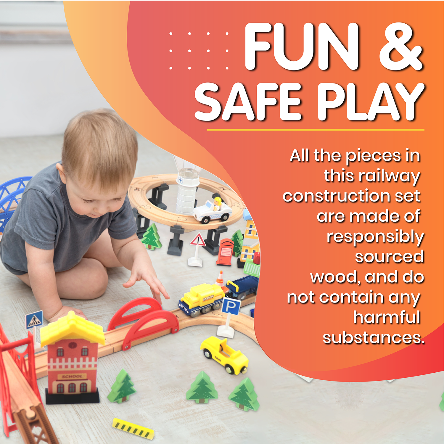 Leo and Friends Railway City Set - Creative Construction Kit for Preschoolers - Wooden Building Blocks for Kids, Educational Train Toys for Active Learning - Gifts for Children Ages 3+ - 100 Pieces
