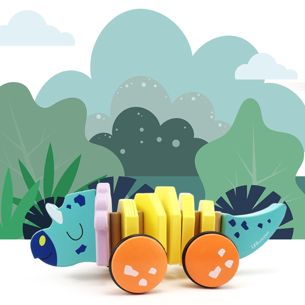 Leo & Friends Pull Along Walking Triceratops Wooden Toy for Boys and Girls | Flexible Dino Walk Along Toy, Pushes and Pulls | Rubbed Rimmed Wheels for Educational Fun, Perfect Birthday or Holiday Gift