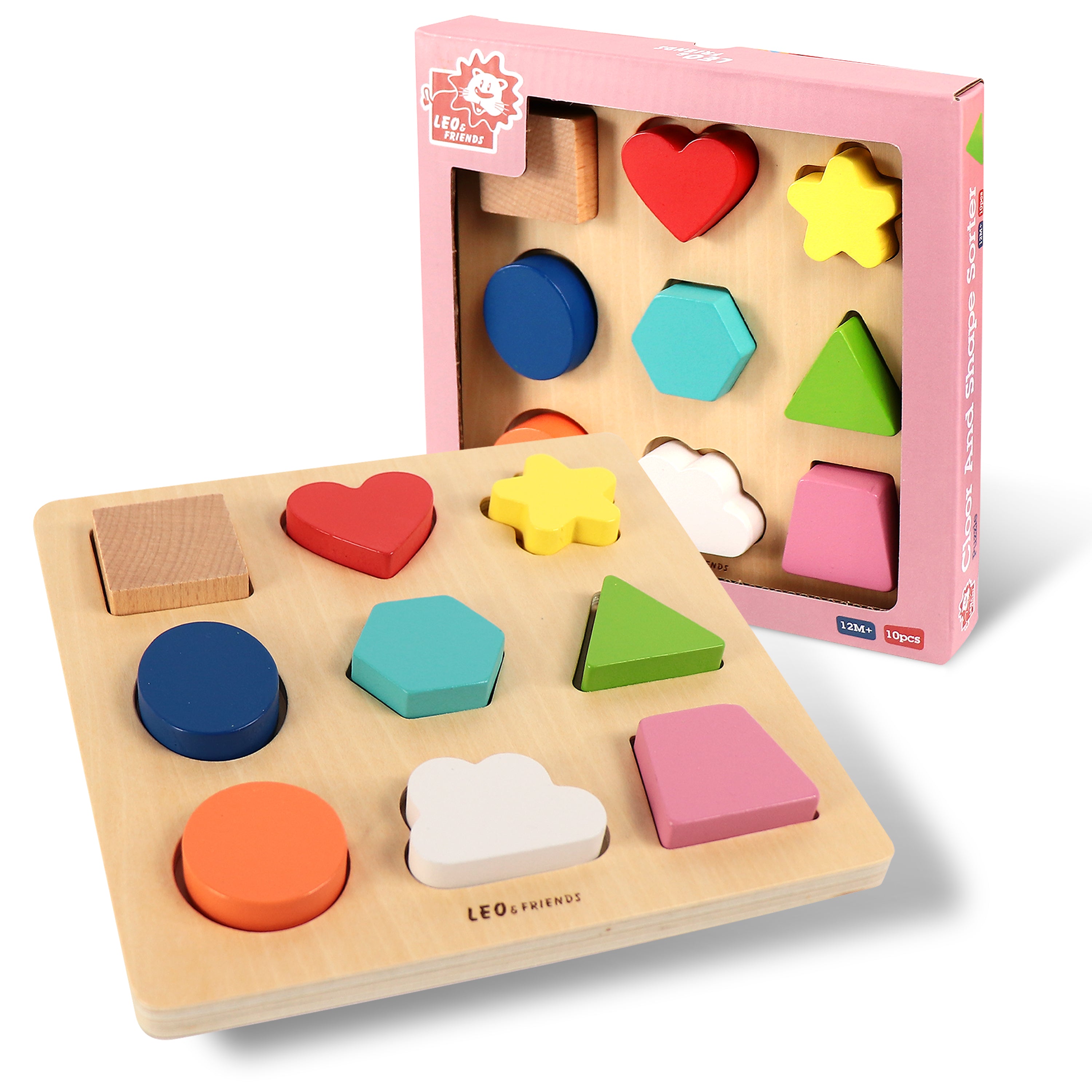 Leo & Friends Color and Shape Sorter, Colorful Wooden Shape Puzzle for Children, Toddlers