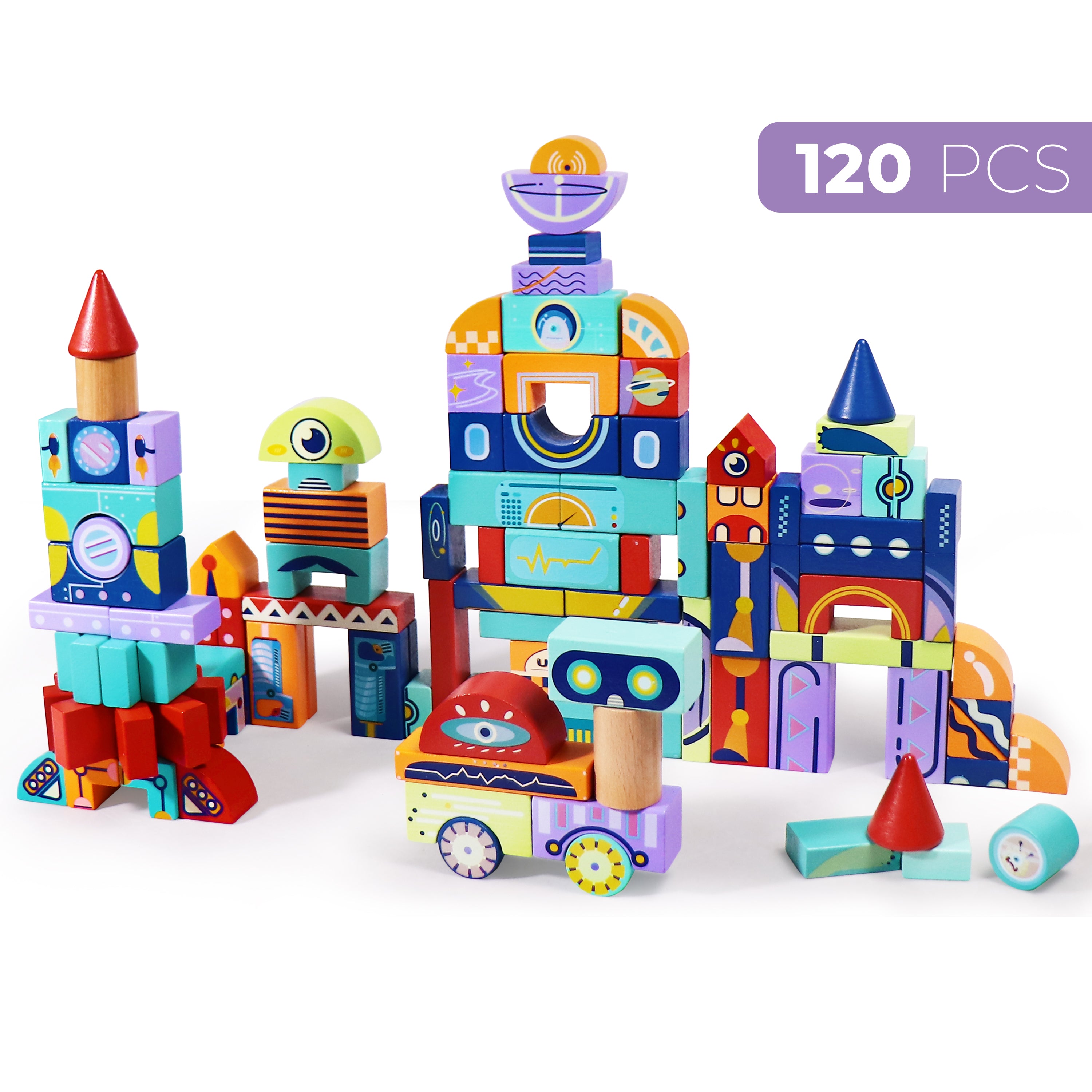Leo & Friends Universe Creative Blocks, Colorful Wooden Building Blocks for Toddlers and Children