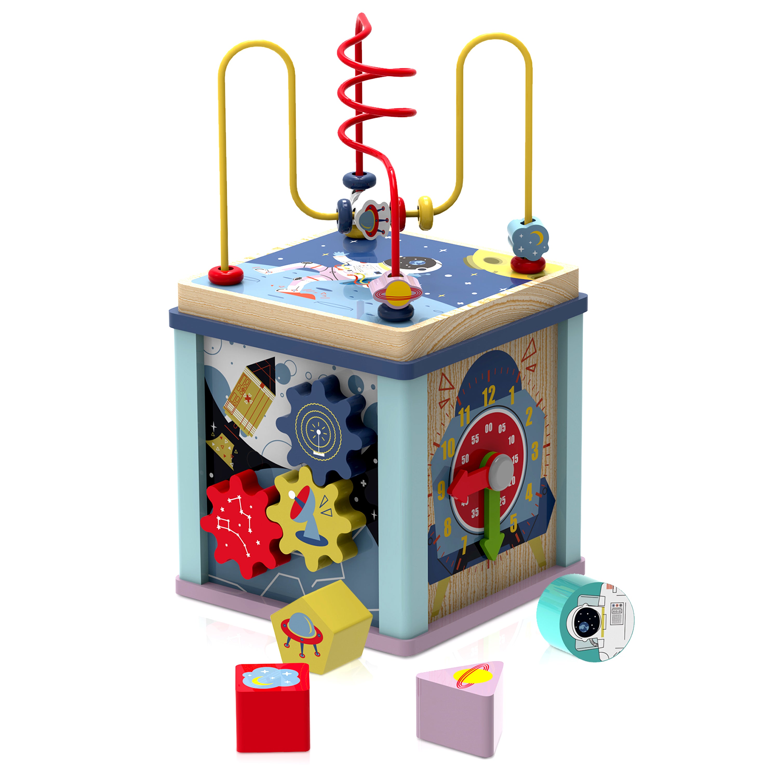 Leo & Friends Toddler Wooden Space Activity Cube, 6-Piece Educational Play Set, and Puzzle | Baby Toy with Bead Maze for Boys and Girls | Endless Activity Options, Perfect Birthday Present