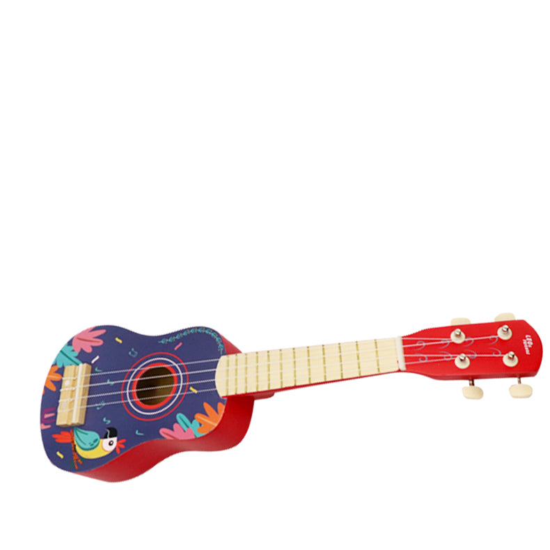Leo & Friends Wooden Ukulele for Toddlers | Made with Non-Toxic Wood, Colorful Red & Purple Design with Parrots | Perfect Educational Music Toy for Girls and Boys, Includes Strings for Strumming