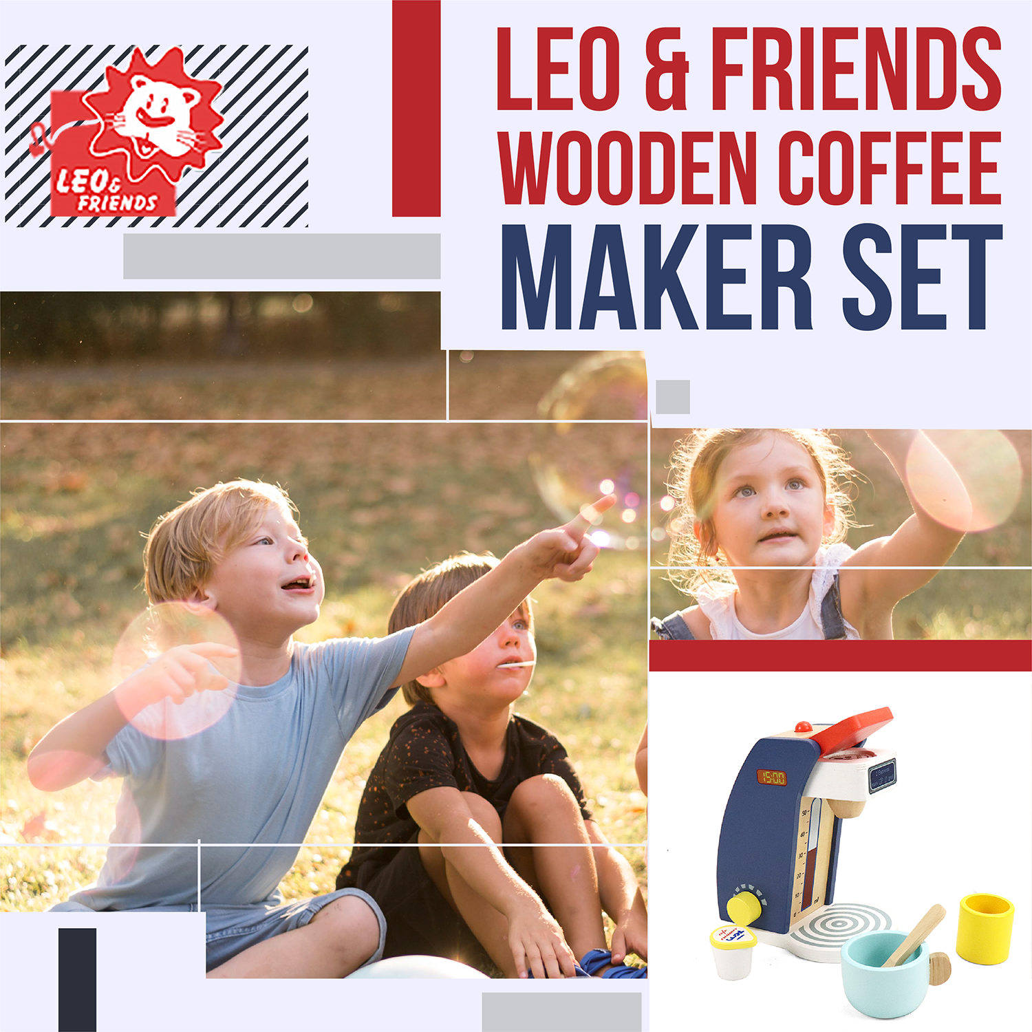 Leo & Friends Wooden Coffee Maker Set - 6 Piece Coffee Grinder Kit for Kids 3+ | Perfect Educational Wooden Play Kitchen Set Gift for Holidays & Birthdays
