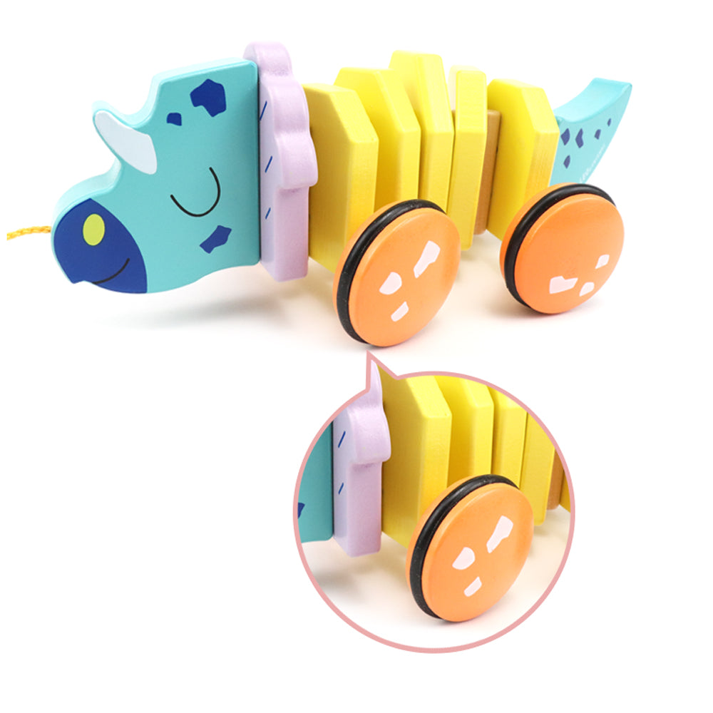 Leo & Friends Pull Along Walking Triceratops Wooden Toy for Boys and Girls | Flexible Dino Walk Along Toy, Pushes and Pulls | Rubbed Rimmed Wheels for Educational Fun, Perfect Birthday or Holiday Gift