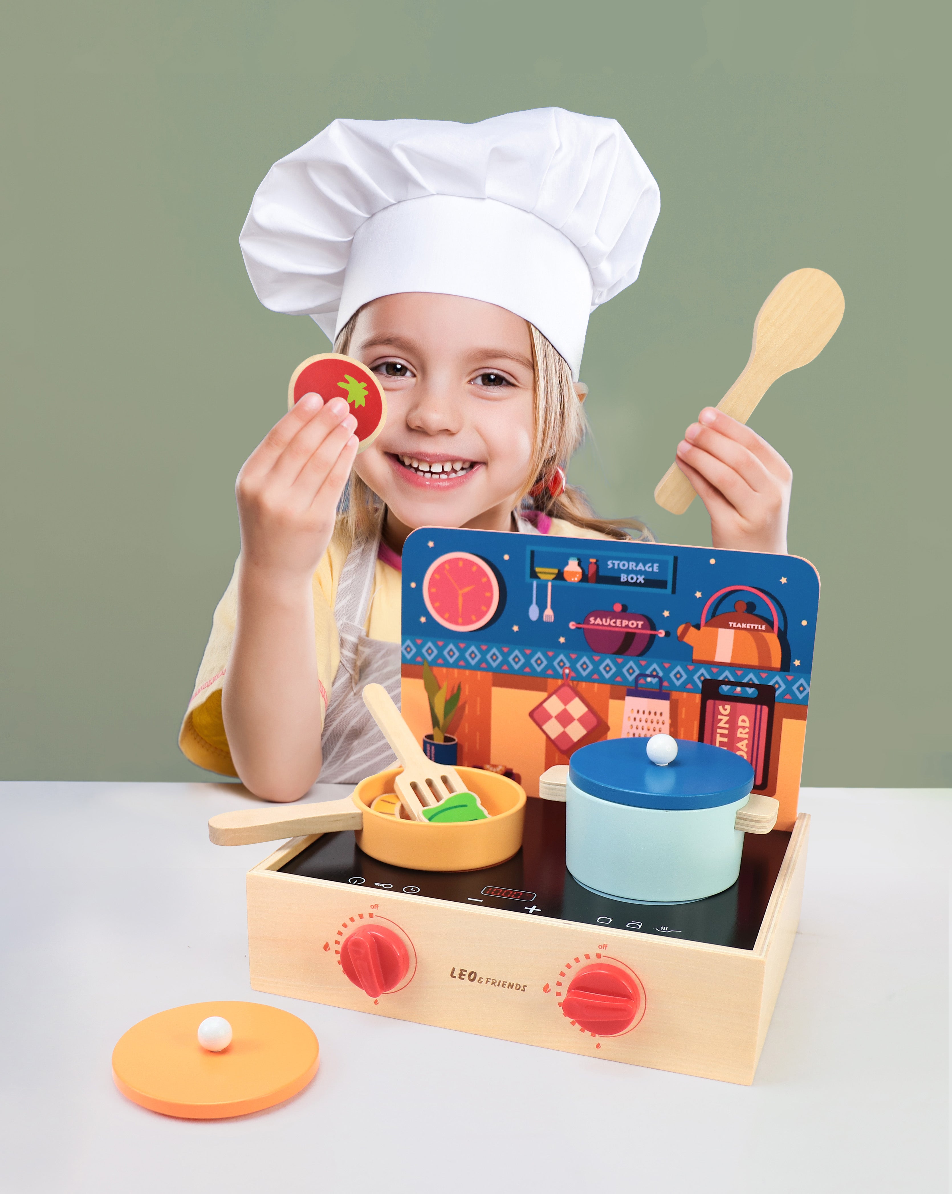 2-in-1 Mini Kitchen Wooden Play Set with 15-Pieces Included | Play-Pretend Cooking Stovetop, Pants, Spatulas, BBQ Accessories | Interactive, Educational Cooking Set for Ages 24-Months and Older