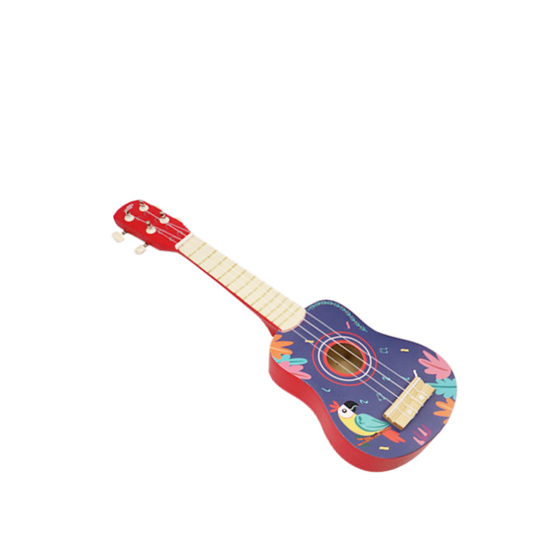 Leo & Friends Wooden Ukulele for Toddlers | Made with Non-Toxic Wood, Colorful Red & Purple Design with Parrots | Perfect Educational Music Toy for Girls and Boys, Includes Strings for Strumming