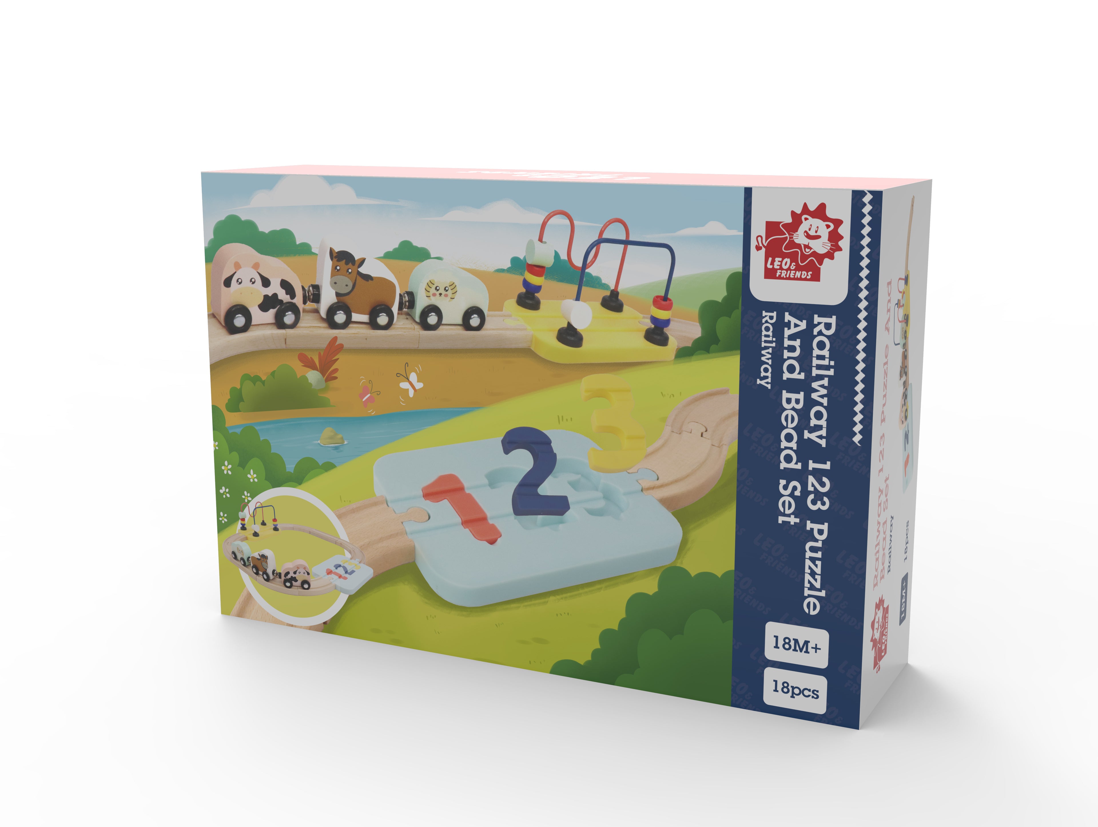 Wooden Railway 123 Puzzle and Bead Set 18-Pieces, for 18M-Old+ | My First Railway Beginner Pack and Wooden Toy Train Set for Boys and Girls | Complete Wooden 123 Puzzle and Rail Toy