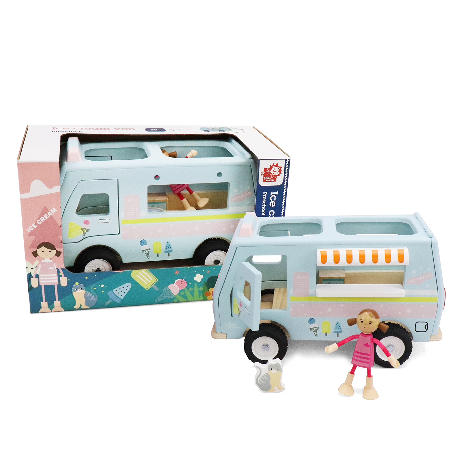 L&F Wooden Ice Cream Van, 3-Piece Set, for Toddlers 3-Years+ | Wooden Doll House Dolly Ice Cream Van Play Set | Educational Ice Cream Truck Playset, Perfect Birthday or Christmas Present