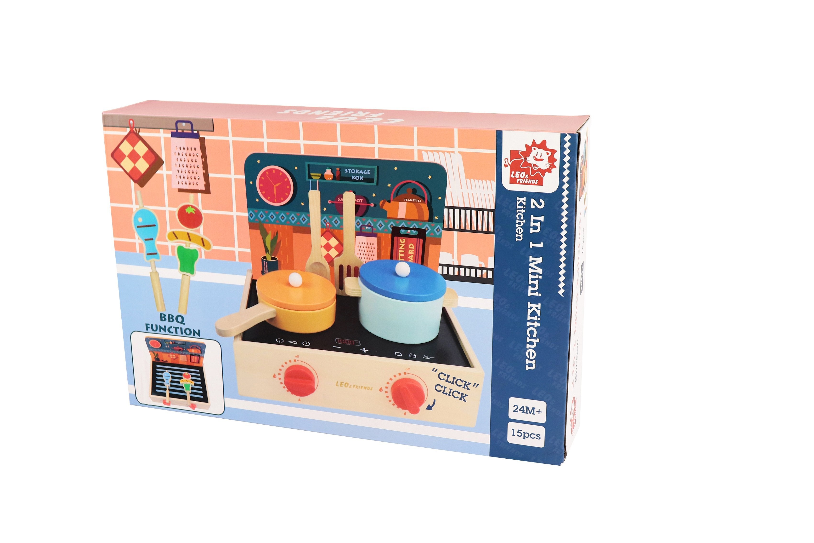2-in-1 Mini Kitchen Wooden Play Set with 15-Pieces Included | Play-Pretend Cooking Stovetop, Pants, Spatulas, BBQ Accessories | Interactive, Educational Cooking Set for Ages 24-Months and Older