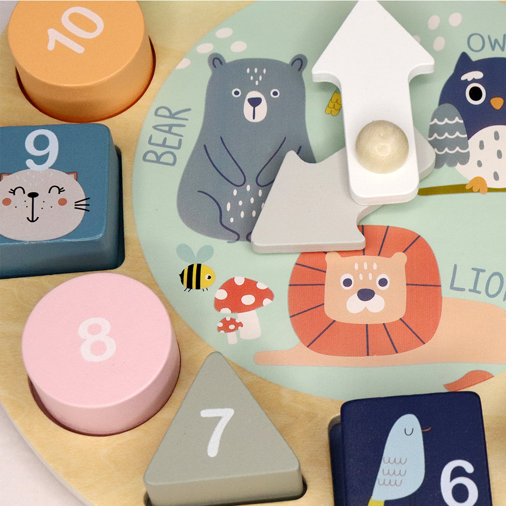 Leo & Friends Shape Sorting Clock with Removable Number Blocks 1-12 Included | Learn How to Tell Time, Premium Wooden Educational Toy | Fun Puzzle Stacking and Sorting for Children Ages 3+
