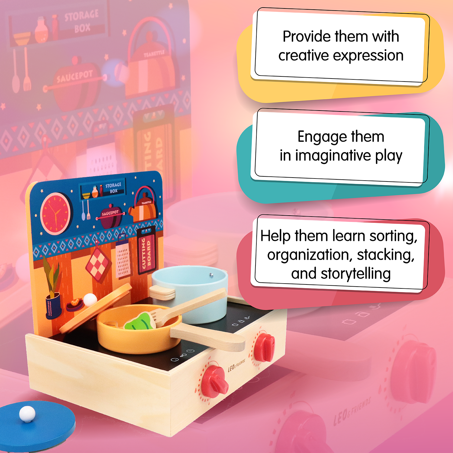 2-in-1 Mini Kitchen Wooden Play Set with 15-Pieces Included | Play-Pretend Cooking Stovetop, Pants, Spatulas, BBQ Accessories | Interactive, Educational Cooking Set for Ages 24-Months and Older