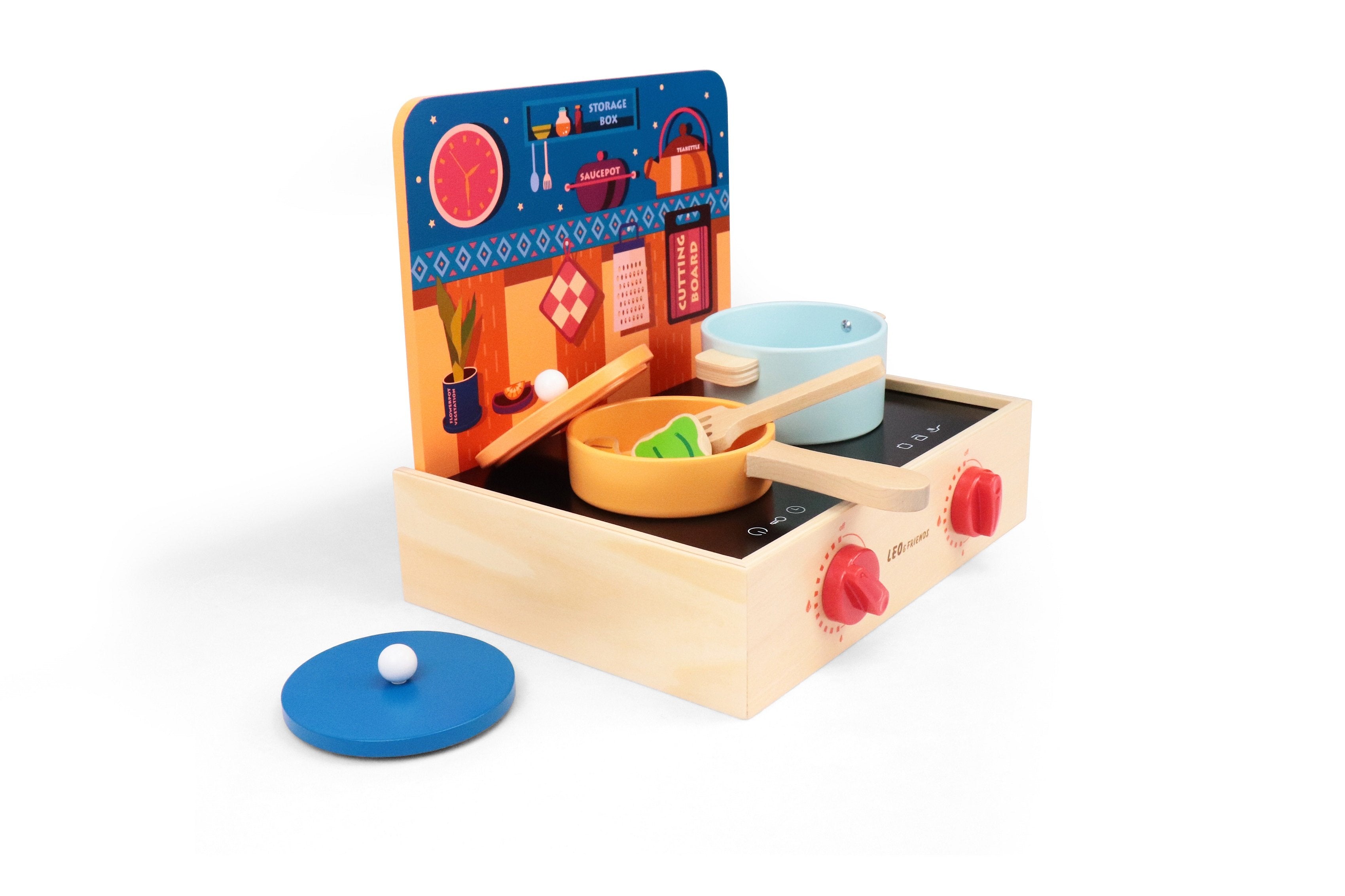 2-in-1 Mini Kitchen Wooden Play Set with 15-Pieces Included | Play-Pretend Cooking Stovetop, Pants, Spatulas, BBQ Accessories | Interactive, Educational Cooking Set for Ages 24-Months and Older