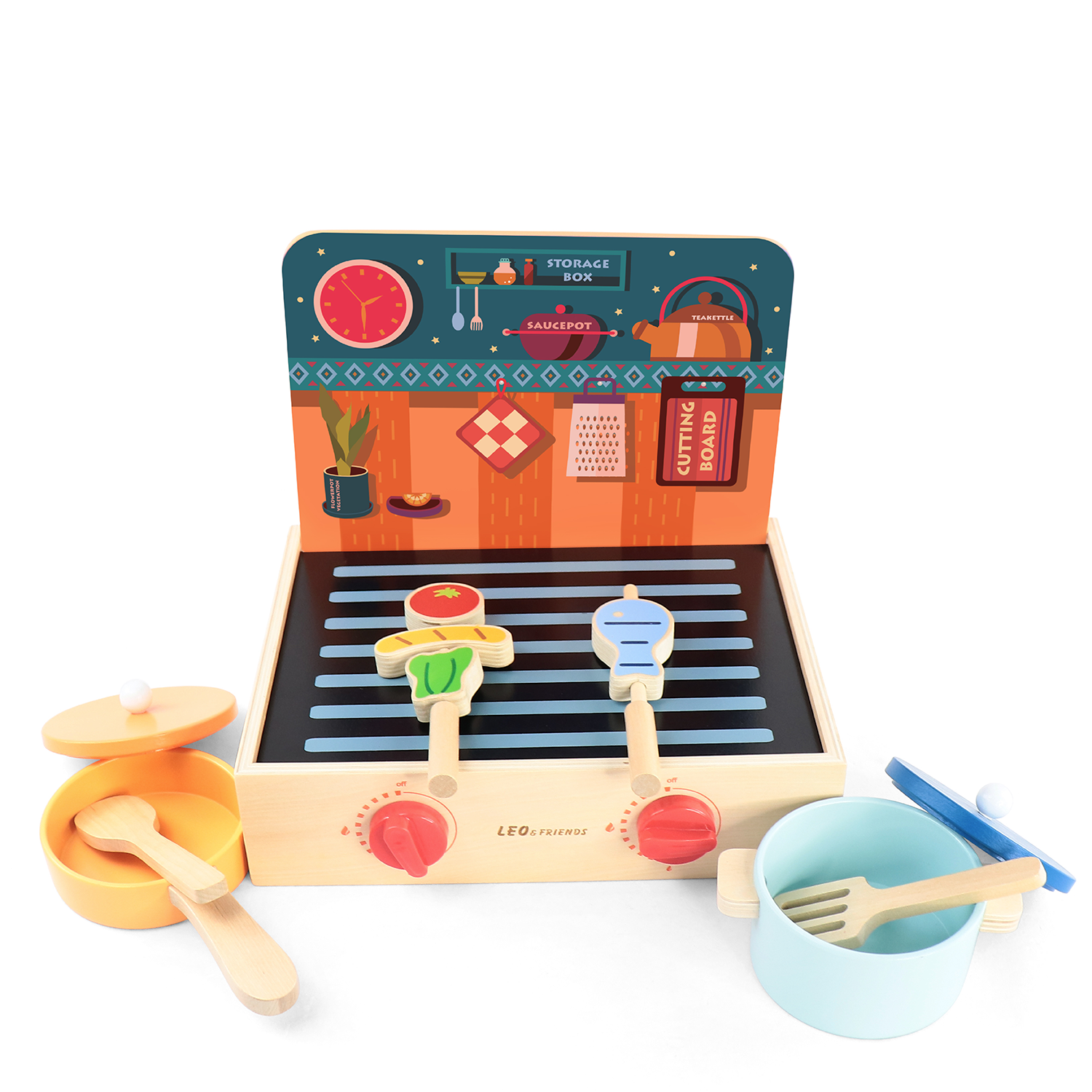 2-in-1 Mini Kitchen Wooden Play Set with 15-Pieces Included | Play-Pretend Cooking Stovetop, Pants, Spatulas, BBQ Accessories | Interactive, Educational Cooking Set for Ages 24-Months and Older