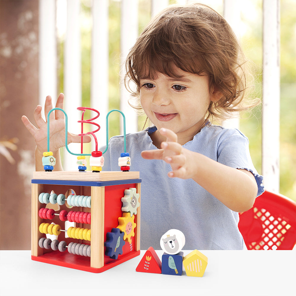 LEO & FRIENDS Wooden Activity Toy for 1, 2 Year-Old-Girls, Educational Preschool Shape Sorter and Maze Toy | Montessori Bead Maze and Versatile Kid’s Sensory Immersion Cube | Perfect Christmas or Birthday Gift