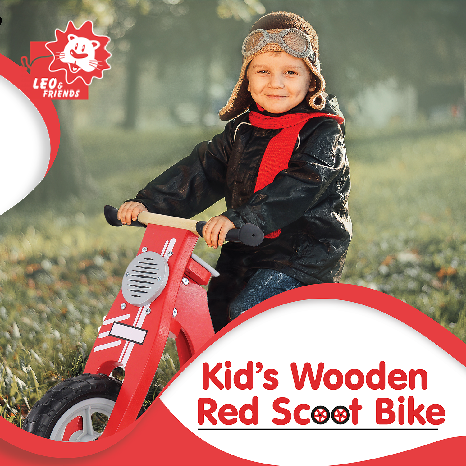 Kid’s Wooden Red Scoot Bike, Wonder Scooter Ride | Boys and Girls Toddler Balance Bike, Glider Style Wood Frame, No Pedal, for Kids 3, 4, 5, and 6-Years-Old | Perfect Birthday Present
