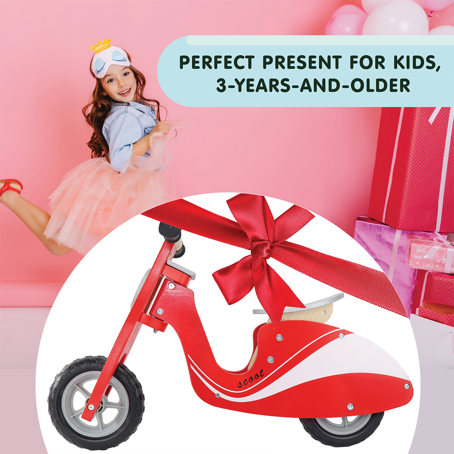 Kid’s Wooden Red Scoot Bike, Wonder Scooter Ride | Boys and Girls Toddler Balance Bike, Glider Style Wood Frame, No Pedal, for Kids 3, 4, 5, and 6-Years-Old | Perfect Birthday Present
