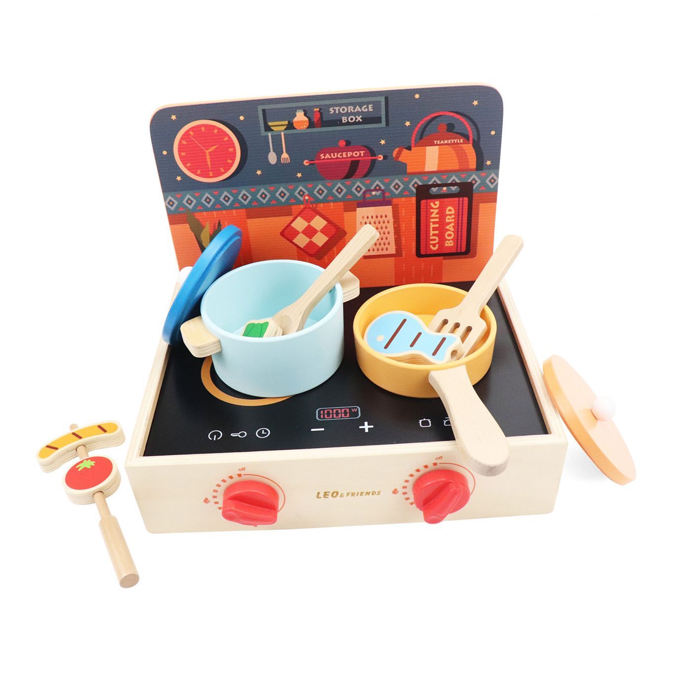 2-in-1 Mini Kitchen Wooden Play Set with 15-Pieces Included | Play-Pretend Cooking Stovetop, Pants, Spatulas, BBQ Accessories | Interactive, Educational Cooking Set for Ages 24-Months and Older