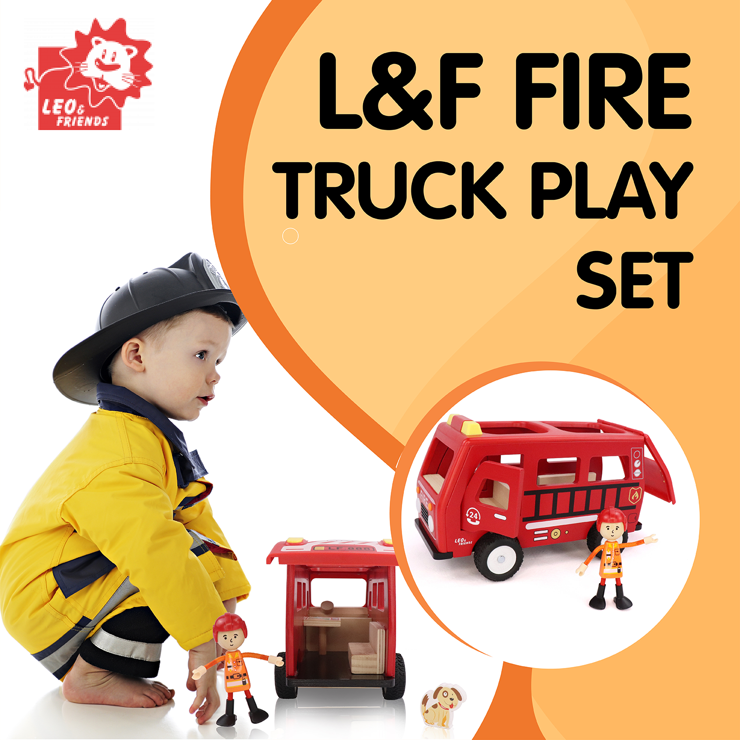 L&F Fire Truck Play Set, 3-Piece Wooden Play Kit with Fire Truck, Firefighter, and Dog Included | 3-Years and Older, Perfect for Preschoolers, Development Learning Toys