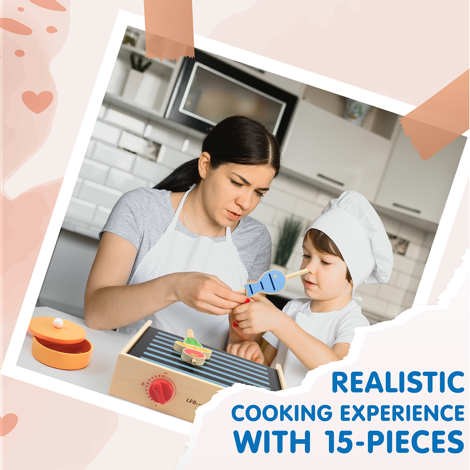 2-in-1 Mini Kitchen Wooden Play Set with 15-Pieces Included | Play-Pretend Cooking Stovetop, Pants, Spatulas, BBQ Accessories | Interactive, Educational Cooking Set for Ages 24-Months and Older