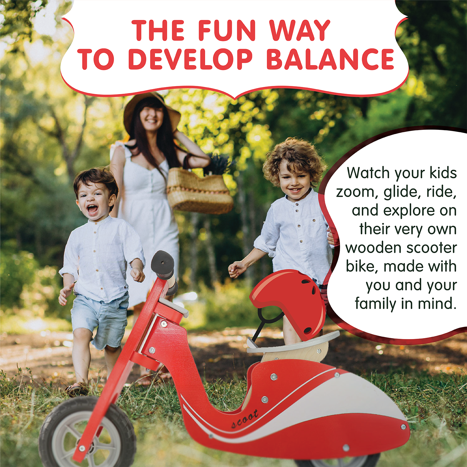 Kid’s Wooden Red Scoot Bike, Wonder Scooter Ride | Boys and Girls Toddler Balance Bike, Glider Style Wood Frame, No Pedal, for Kids 3, 4, 5, and 6-Years-Old | Perfect Birthday Present