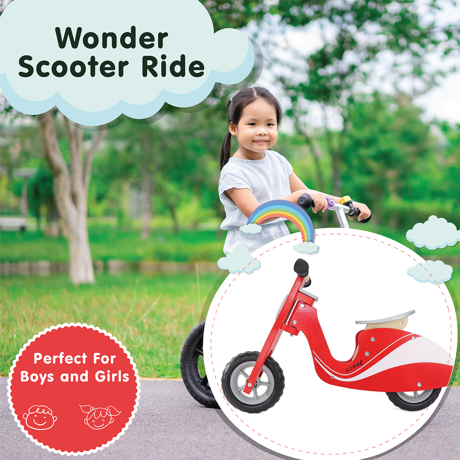 Kid’s Wooden Red Scoot Bike, Wonder Scooter Ride | Boys and Girls Toddler Balance Bike, Glider Style Wood Frame, No Pedal, for Kids 3, 4, 5, and 6-Years-Old | Perfect Birthday Present