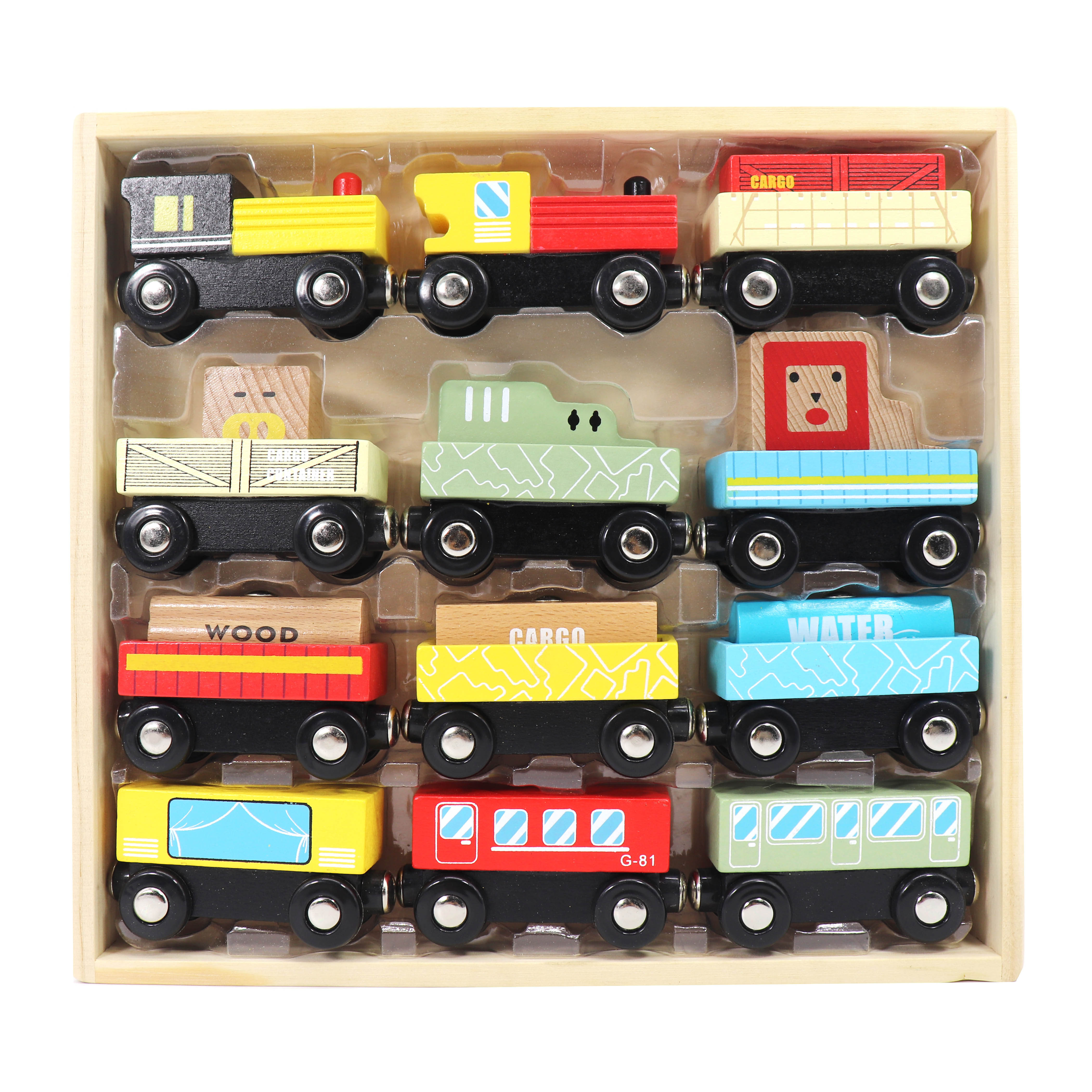 12-Piece Wooden Train Set for Kids, Ages 2, 3, 4, 5, and 6, Perfect for Preschoolers or Kid’s Birthday/Christmas Present | Includes Train Cars, Wagons, Freight Trucks, Magnet Connectors, Made with Non-Toxic Wood