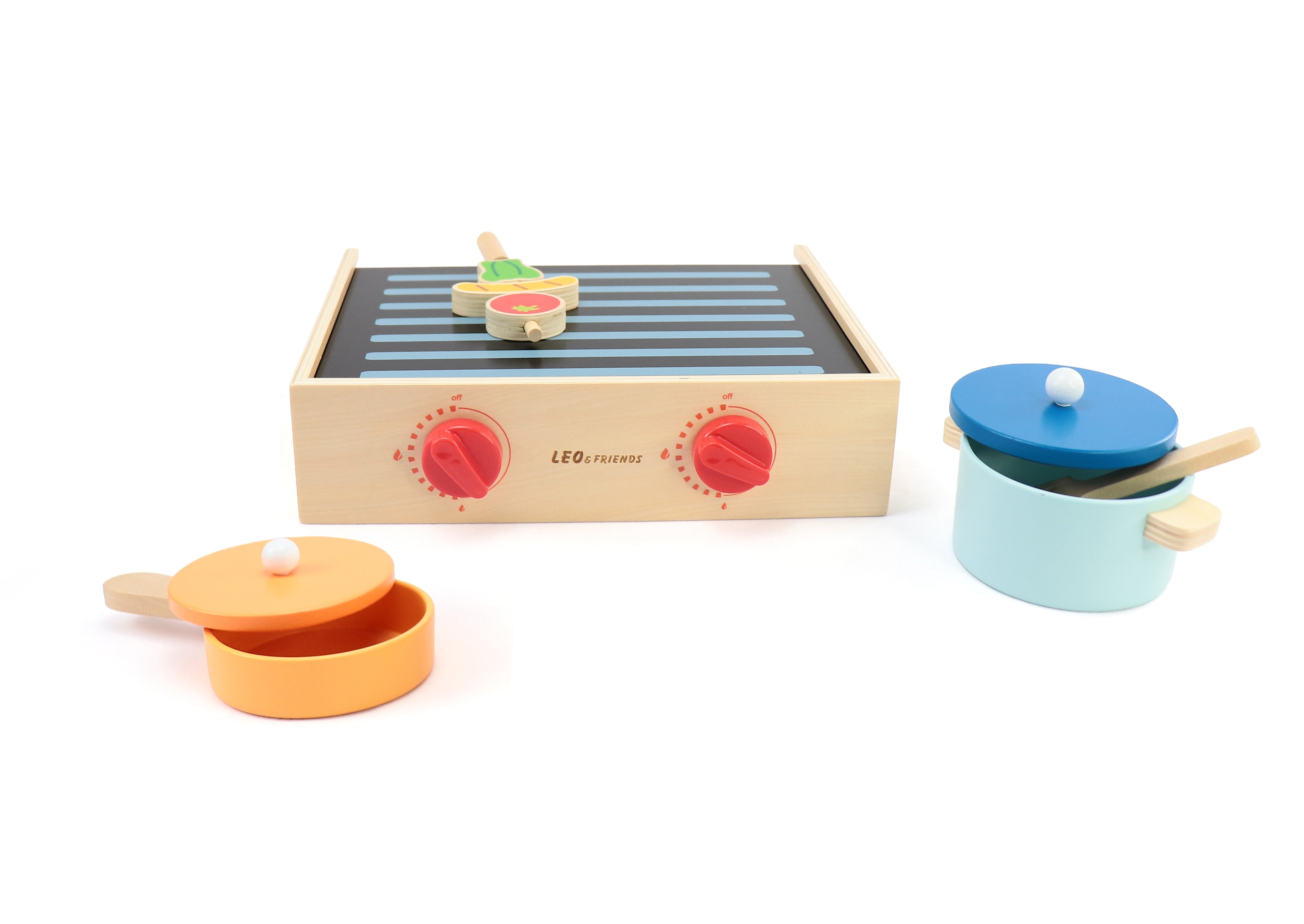 2-in-1 Mini Kitchen Wooden Play Set with 15-Pieces Included | Play-Pretend Cooking Stovetop, Pants, Spatulas, BBQ Accessories | Interactive, Educational Cooking Set for Ages 24-Months and Older