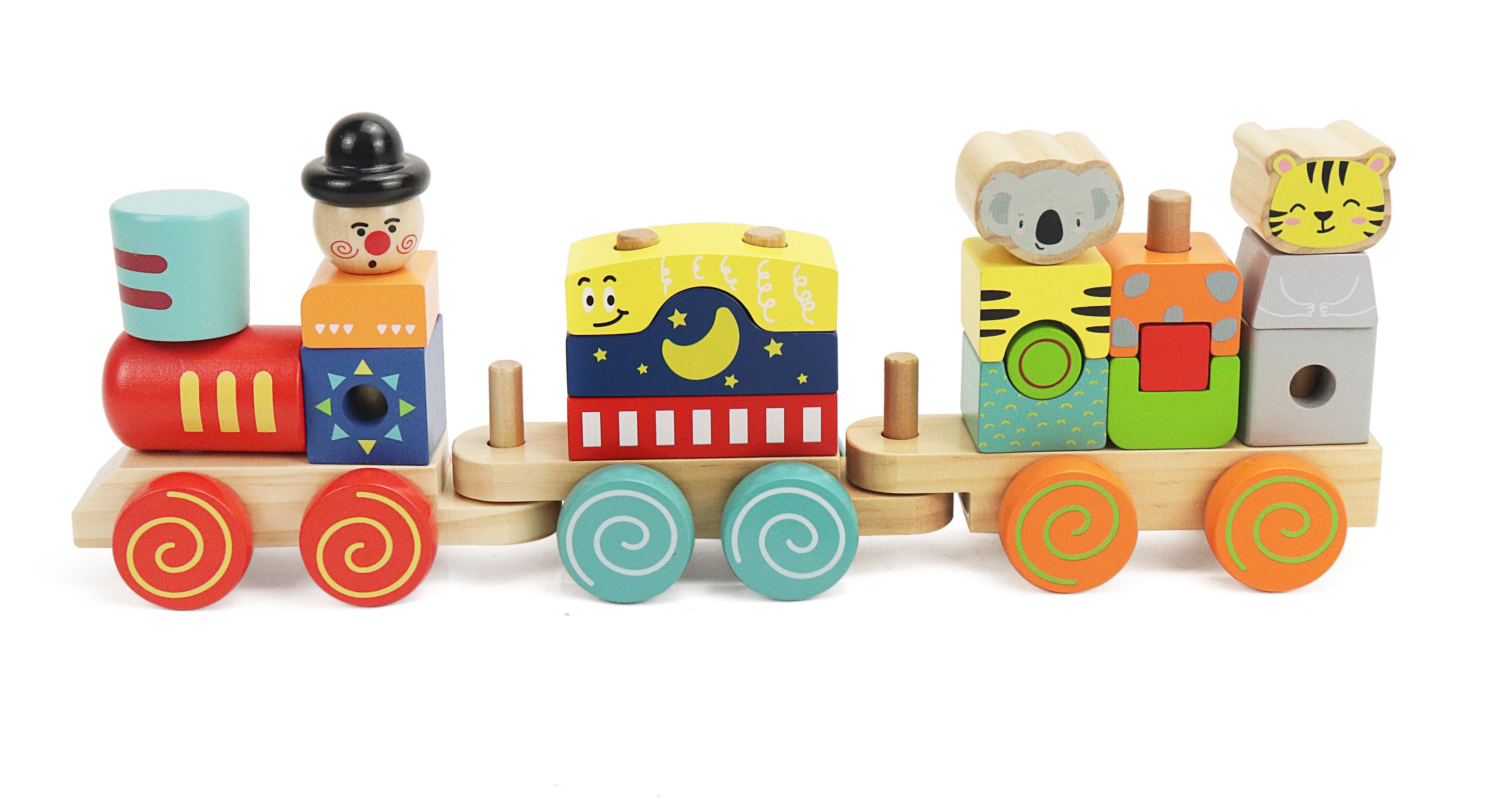 Block Train Stacking Set, 17 Piece-Wooden Stacking Toy with Pull Along Wooden Train | Develops Motor Skills, Memory Recall, Counting, Organization for Kids 18-Months+ | Preschool Toy, Perfect Gift