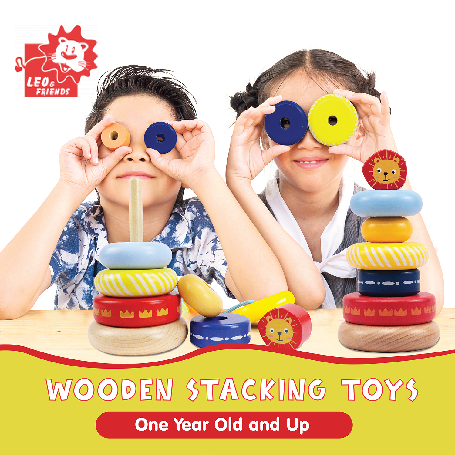 Leo Stacking Toddler Ring Tower, Made for Kids 12 Months+, 7-Piece Blue Wooden Stacker Puzzle, Perfect Birthday or Holiday Present | Promotes Hand-Eye Coordination and Imaginative Play