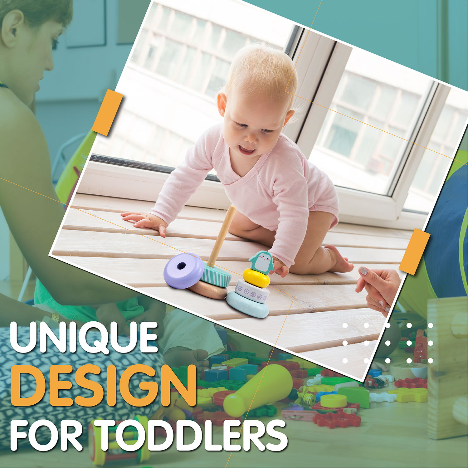 Penguin Stacking Toddler Ring Tower, Made for Kids 12 Months+, 7-Piece Blue Wooden Stacker Puzzle, Perfect Birthday or Holiday Present | Promotes Hand-Eye Coordination and Imaginative Play