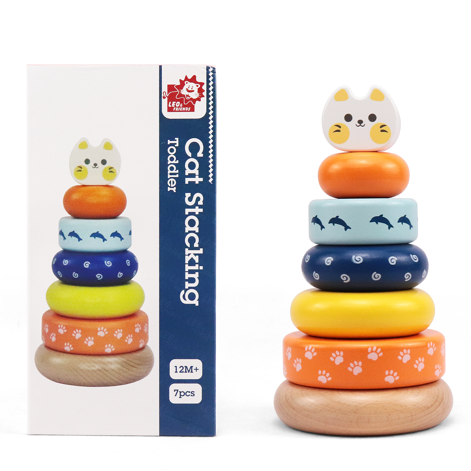 Cat Stacking Toddler Ring Tower, Made for Kids 12 Months+, 7-Piece Blue-and-Yellow Wooden Stacker Puzzle, Perfect Birthday or Holiday Present | Promotes Hand-Eye Coordination and Imaginative Play