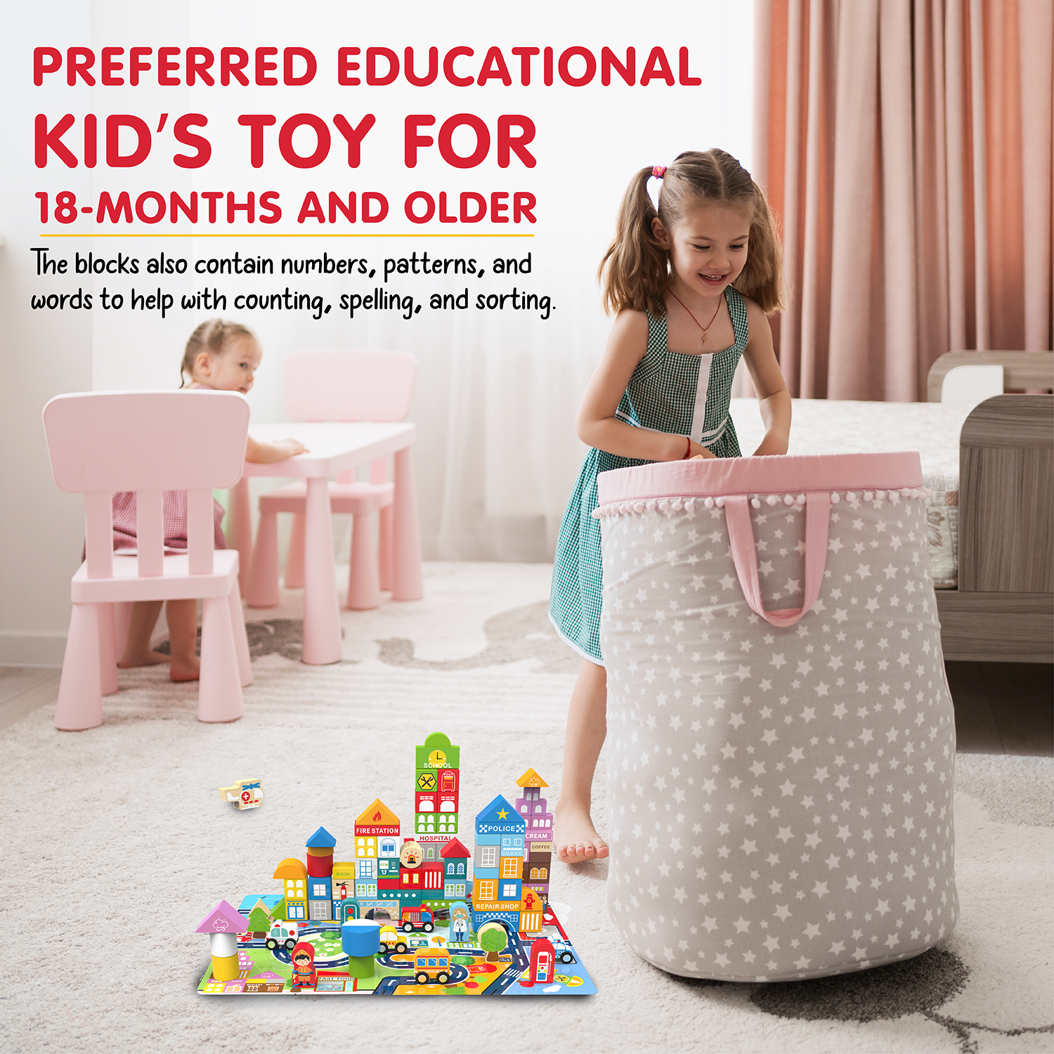 Wooden City Building Block Toy 100-Piece Set, City Construction Stacking Shape Recognition Set, with Buildings, Vehicles, Roads, People & More | Educational Kid’s Toy for Preschool or Presents