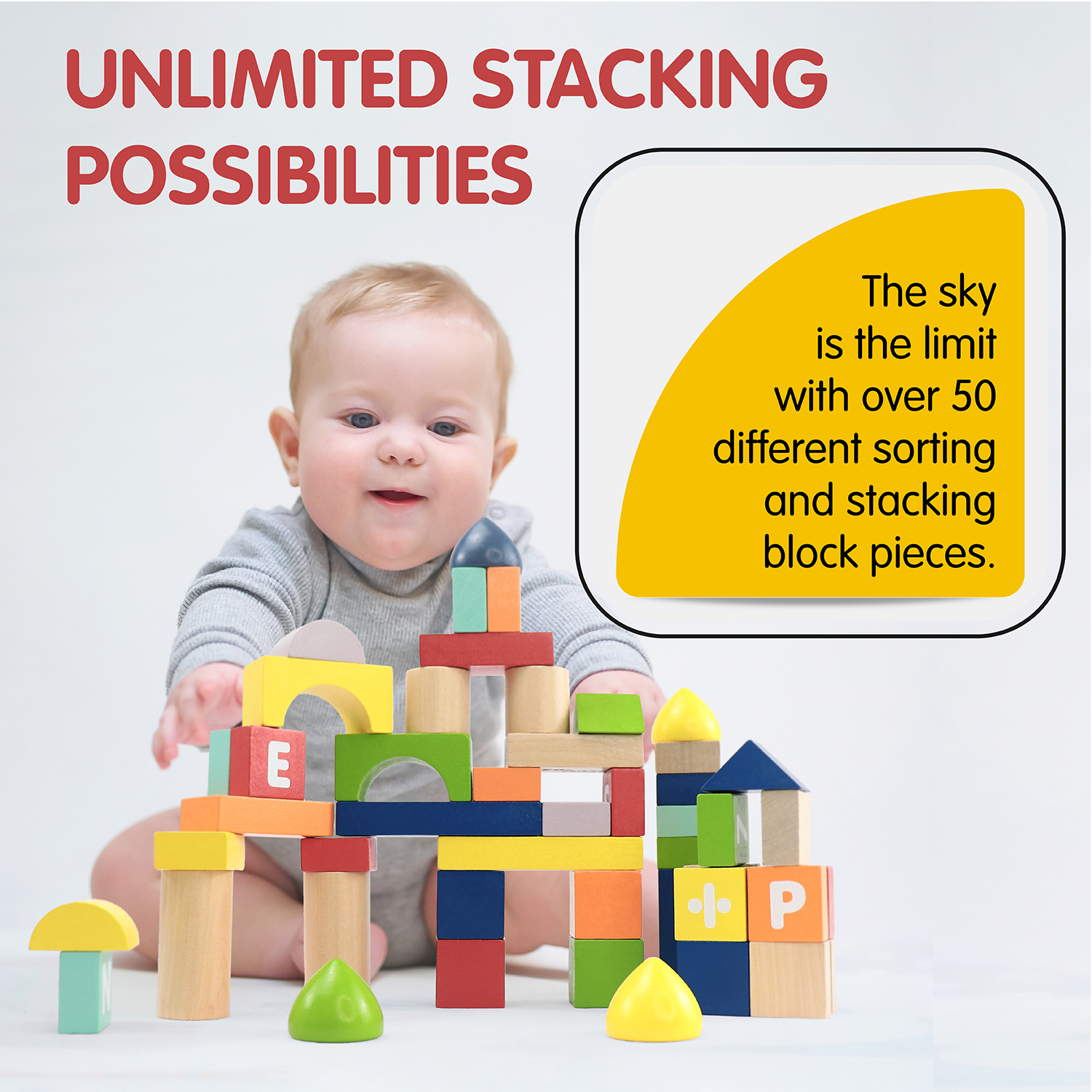 Count and Spell Block Set, 50-Piece Wooden Number and Letter Stacking Toy Kit for Ages 12-Months+ | Building Blocks for Toddlers, Learn Counting, Spelling, Sorting, Organization, Fine Motor Skills | For Boys and Girls