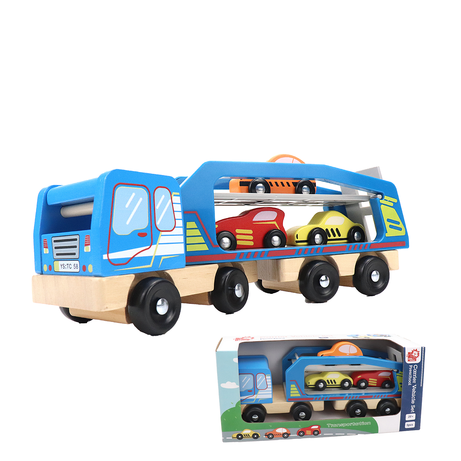 Wooden Car Carrier Set, 5-Piece Car and Carrier Truck Kid’s Set for 3-Years-of-Age or Older | Play Pretend Truck & Cars Carrier, Towing Kit, Perfect Educational Present or Preschool Toy
