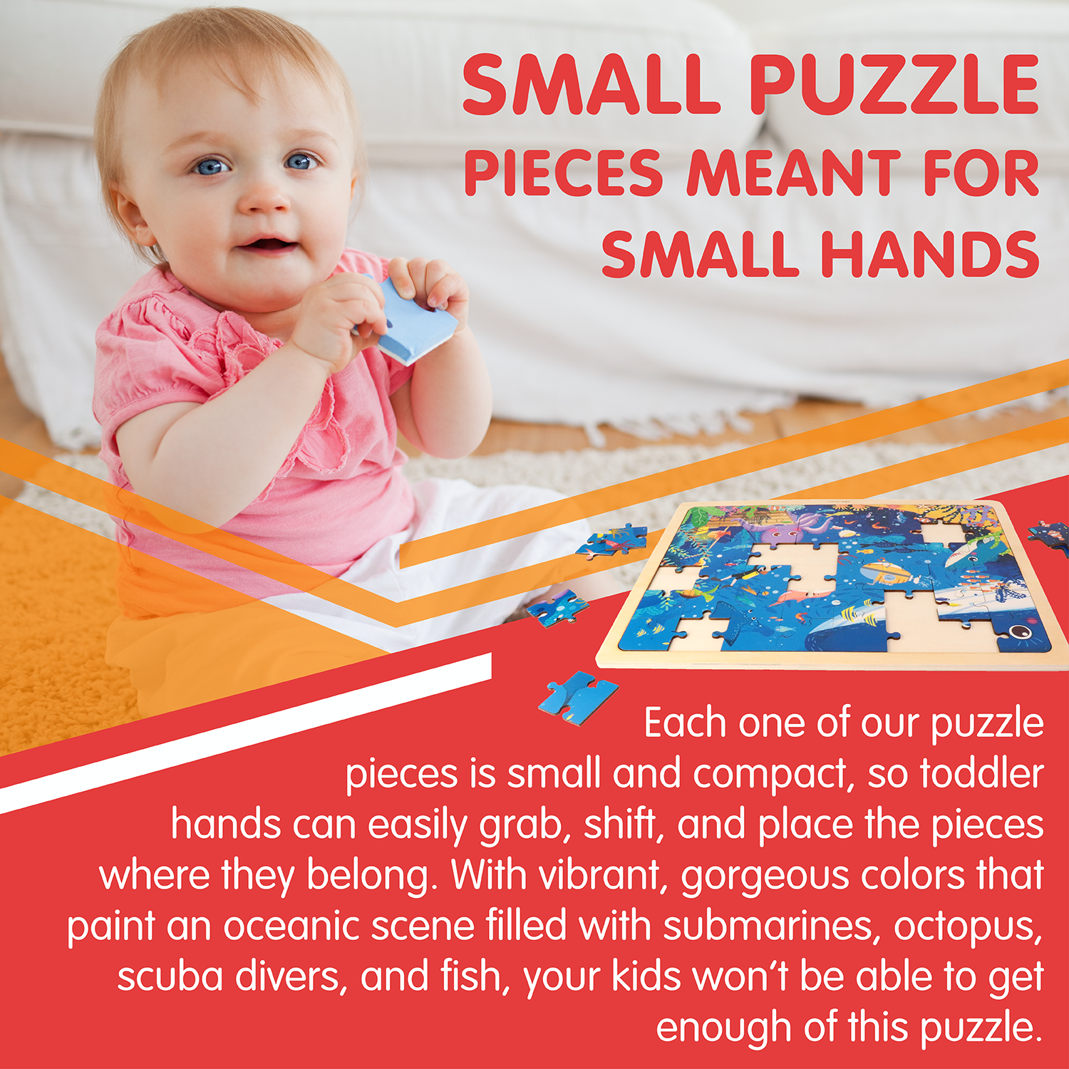 Leo & Friends Underwater Kid’s Puzzle, 48-Pieces for 3-Years-Old+ | Promotes Dexterity, Problem-Solving, and Creativity | Durable Wooden Puzzle Kit, Educational Gift for Kids Ages 3-6