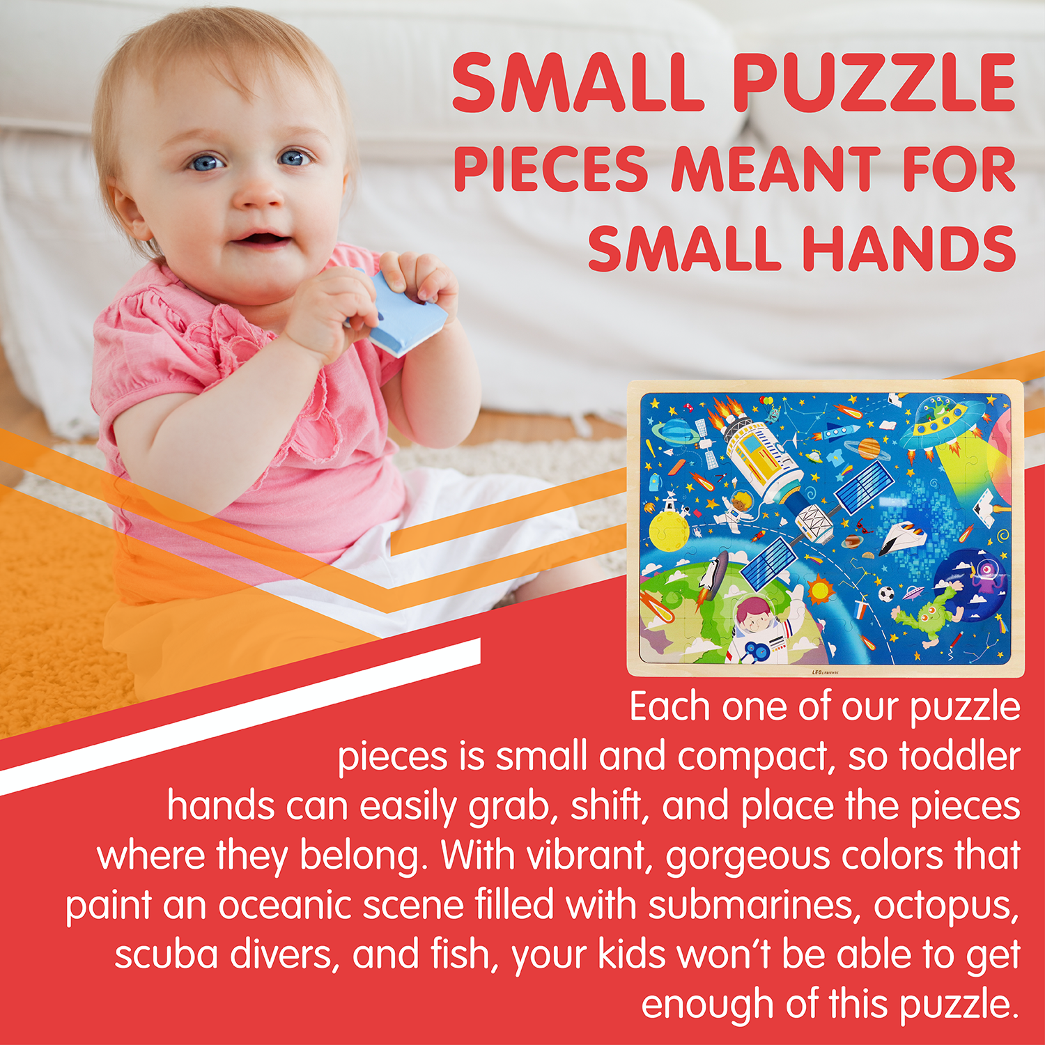 Leo & Friends Space Exploration Kid’s Puzzle, 48-Pieces for 3-Years-Old+ | Promotes Dexterity, Problem-Solving, and Creativity | Durable Wooden Puzzle Kit, Educational Gift for Kids Ages 3-6
