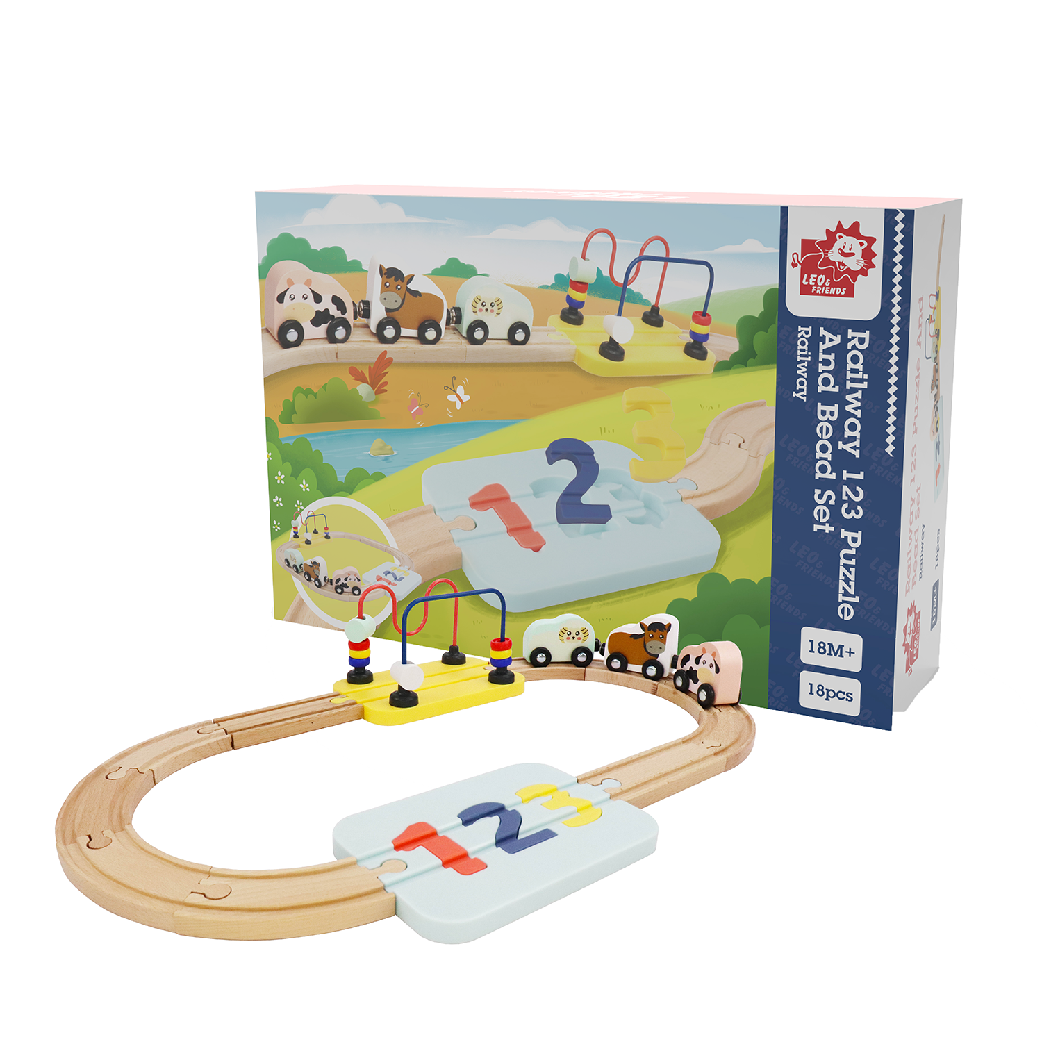 Wooden Railway 123 Puzzle and Bead Set 18-Pieces, for 18M-Old+ | My First Railway Beginner Pack and Wooden Toy Train Set for Boys and Girls | Complete Wooden 123 Puzzle and Rail Toy