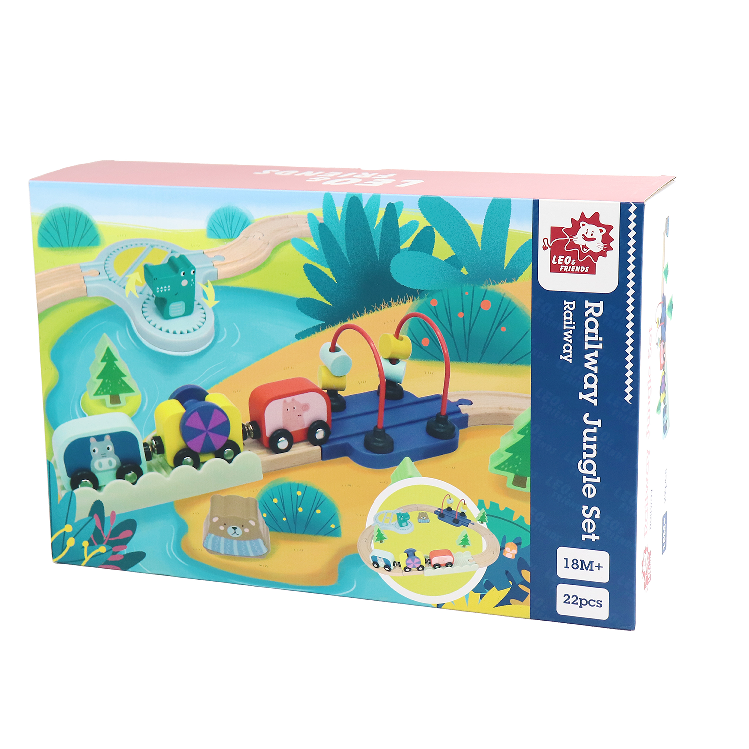 Wooden Railway Jungle 22-Piece Animal Set, Magnetic Train Cars and Puzzle Railway Pieces Included | Toy Train Set for Kids Ages 18-Months+ | Rail & Road Loading Set with Jungle Theme
