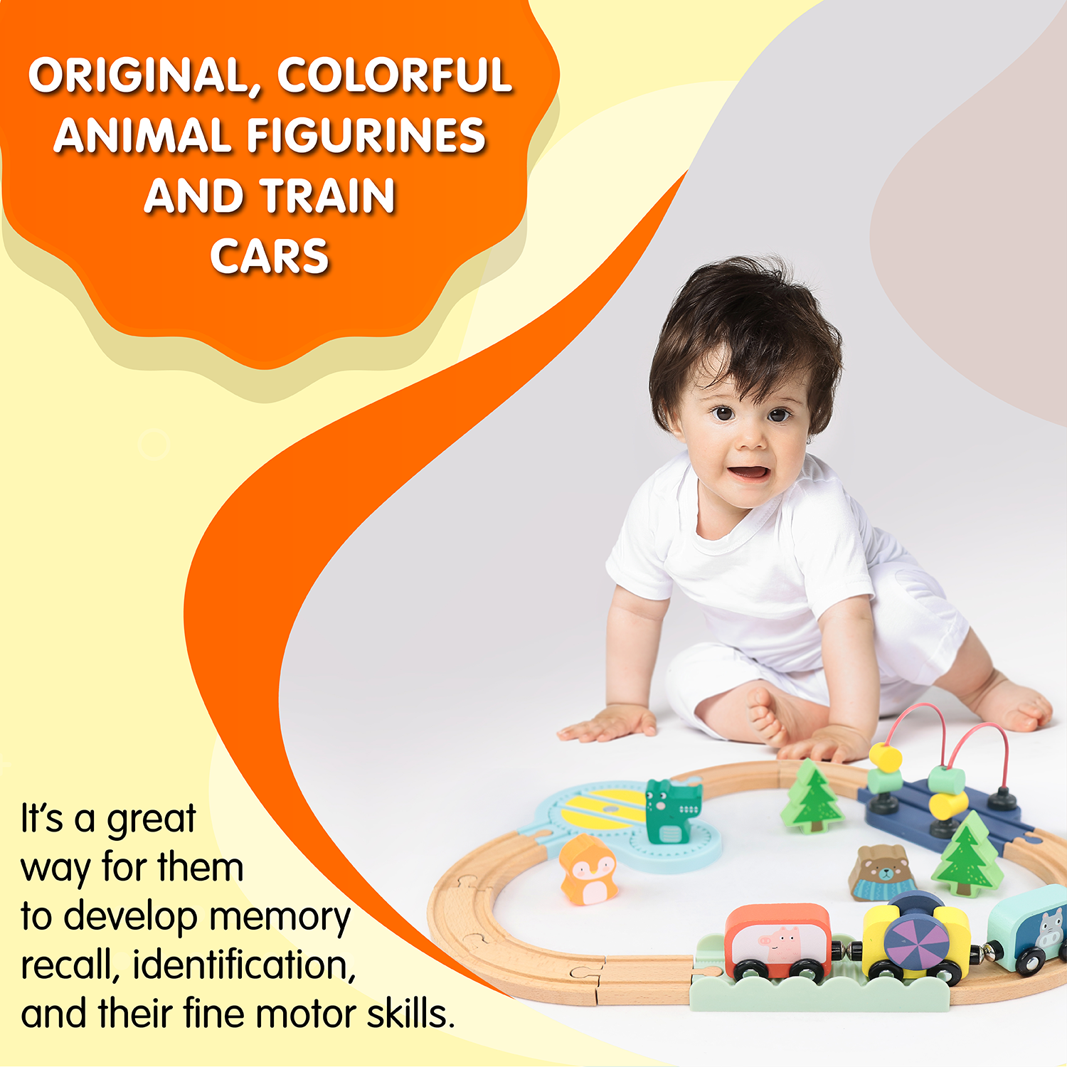 Wooden Railway Jungle 22-Piece Animal Set, Magnetic Train Cars and Puzzle Railway Pieces Included | Toy Train Set for Kids Ages 18-Months+ | Rail & Road Loading Set with Jungle Theme