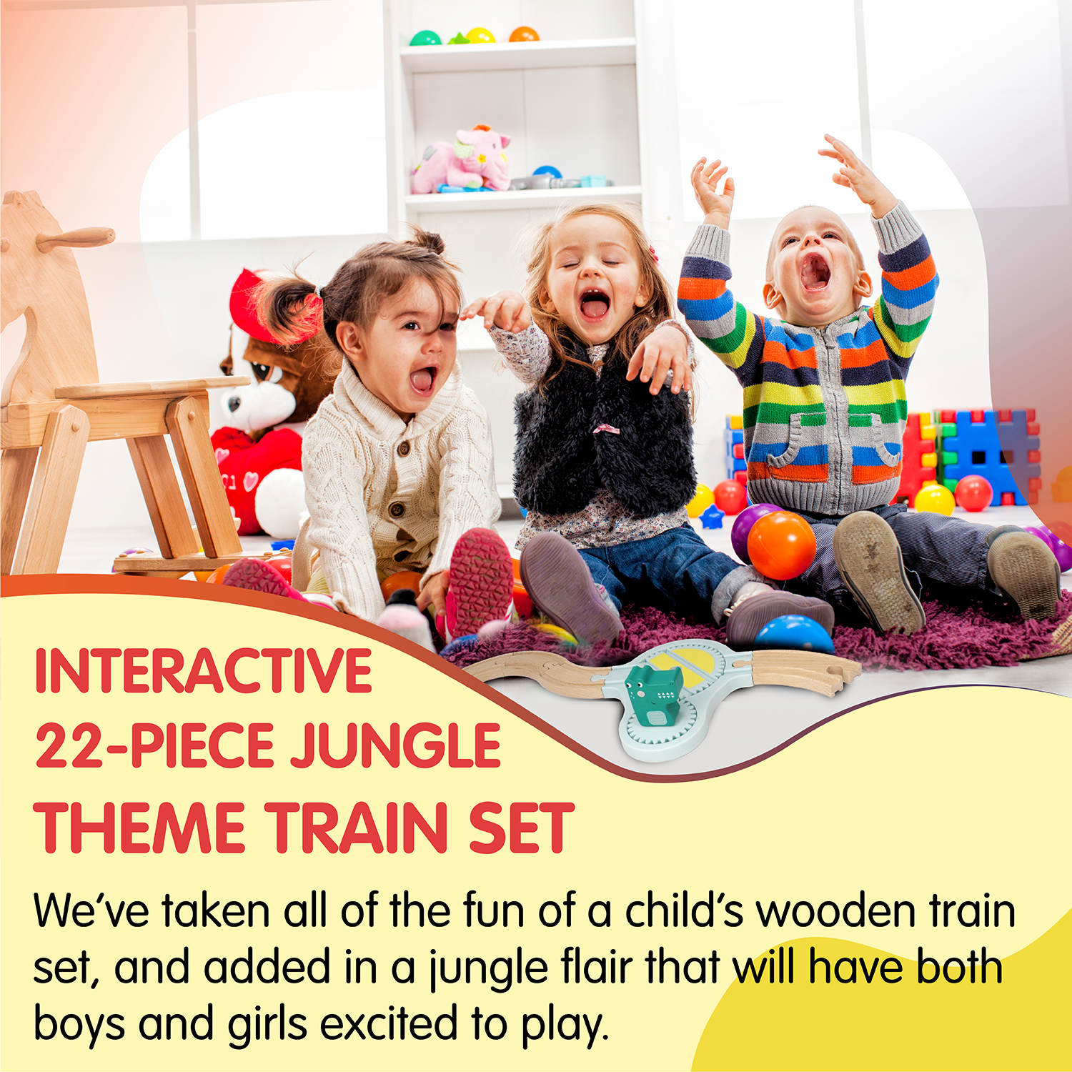 Wooden Railway Jungle 22-Piece Animal Set, Magnetic Train Cars and Puzzle Railway Pieces Included | Toy Train Set for Kids Ages 18-Months+ | Rail & Road Loading Set with Jungle Theme