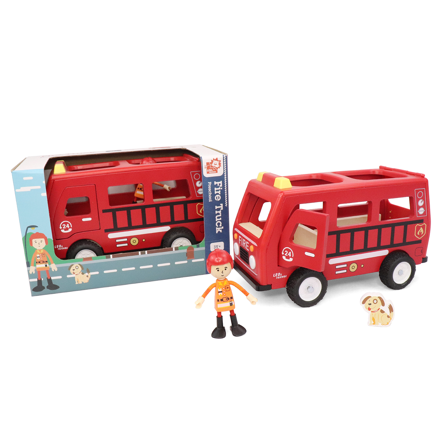 L&F Fire Truck Play Set, 3-Piece Wooden Play Kit with Fire Truck, Firefighter, and Dog Included | 3-Years and Older, Perfect for Preschoolers, Development Learning Toys