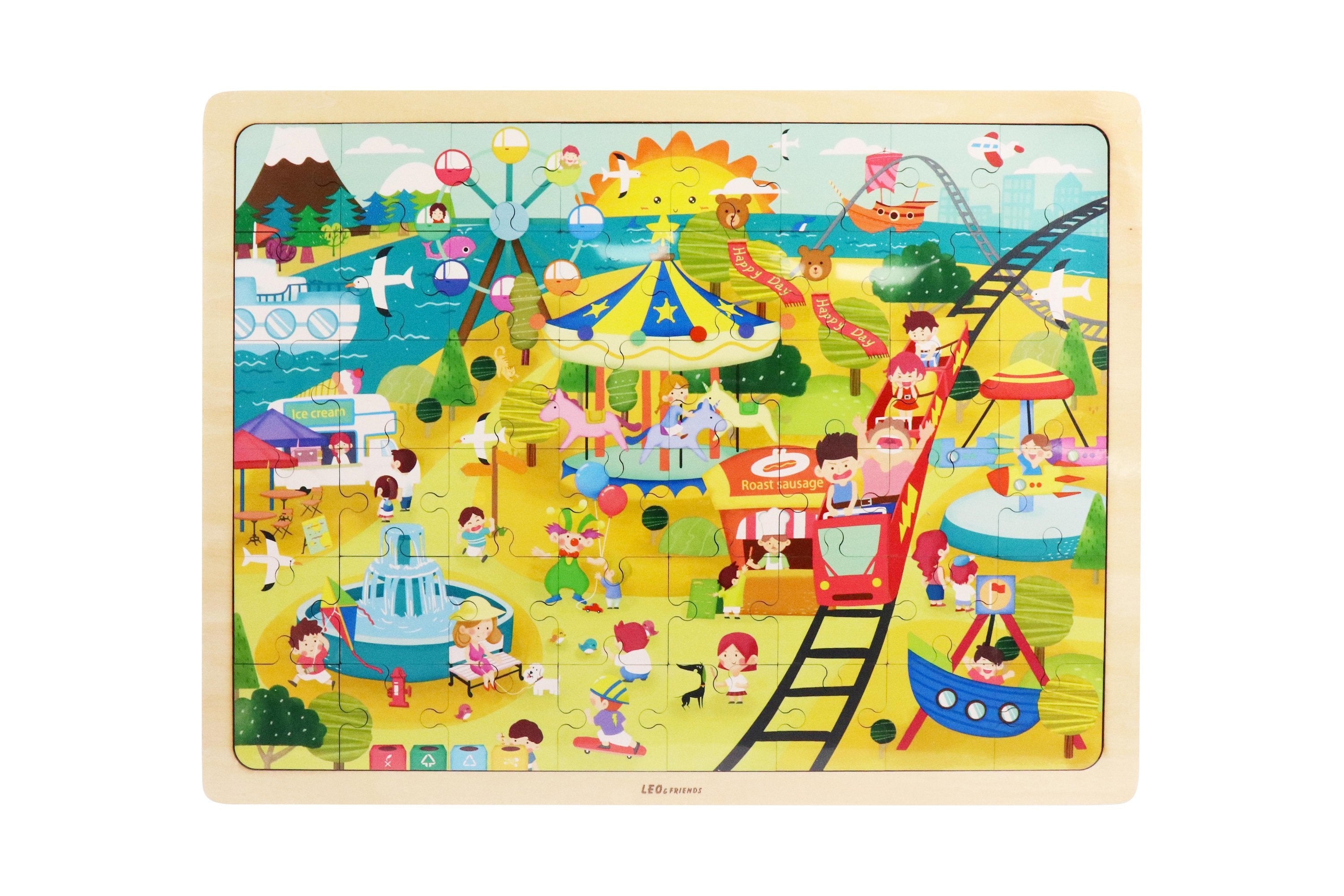 Leo & Friends Amusement Park Kid’s Puzzle, 48-Pieces for 3-Years-Old+ | Promotes Dexterity, Problem-Solving, and Creativity | Durable Wooden Puzzle Kit, Educational Gift for Kids Ages 3-6