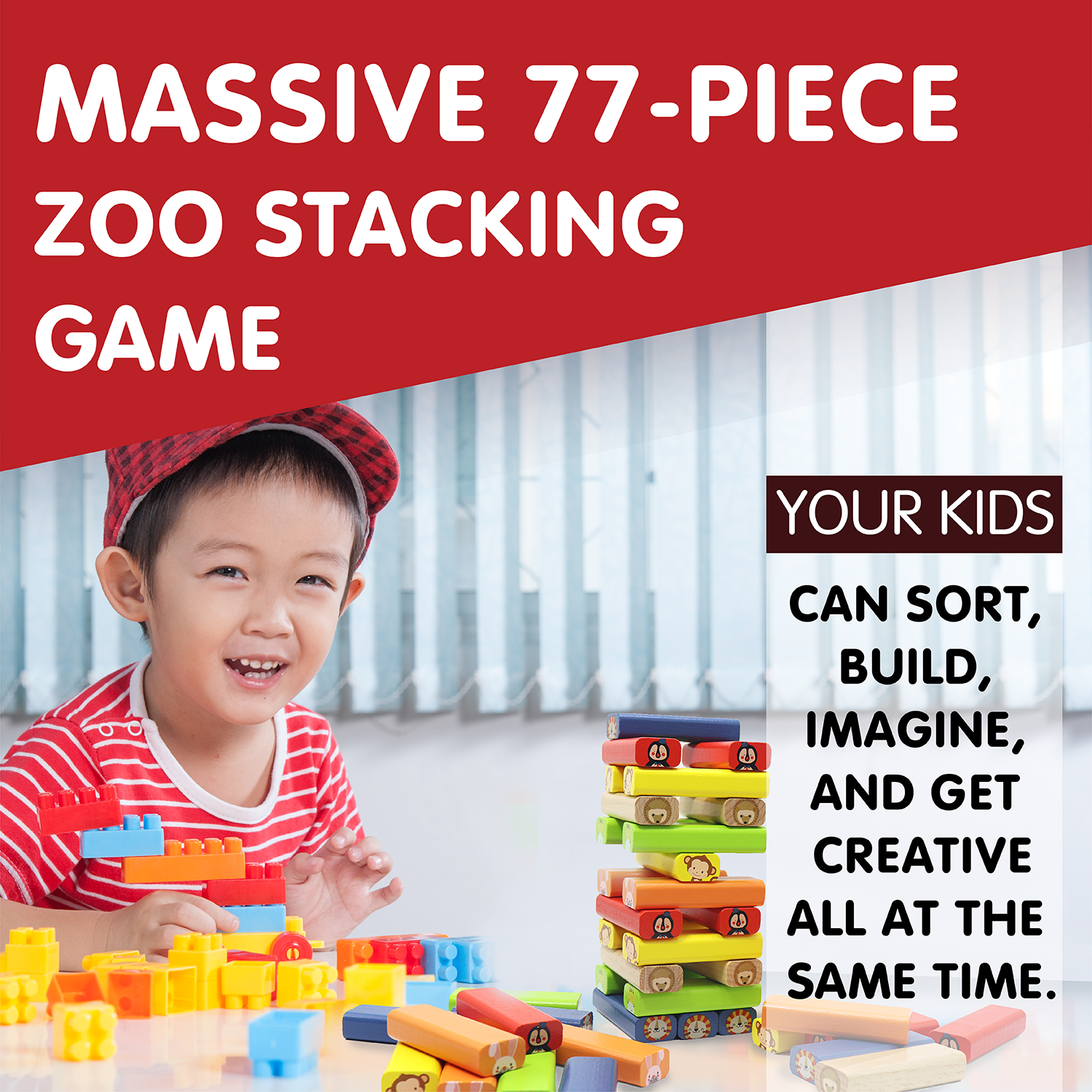 L&F Zoo Stacking Game, 77 Different Pieces Included | Perfect for Kids 3-Years+, Use with Preschoolers or Kid’s Birthday/Christmas Present | BPA-Free, Made with Non-Toxic Wood and Water-Based Paint