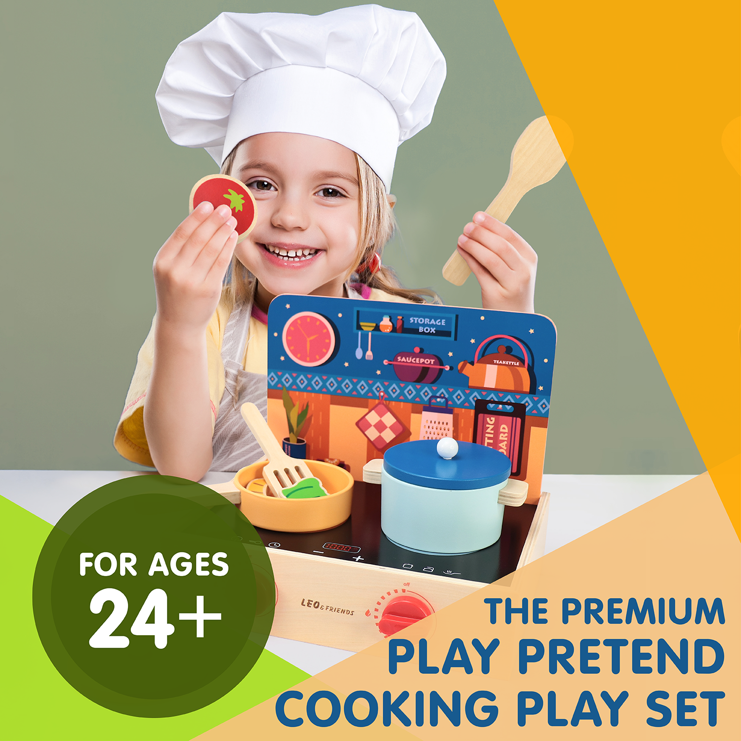 2-in-1 Mini Kitchen Wooden Play Set with 15-Pieces Included | Play-Pretend Cooking Stovetop, Pants, Spatulas, BBQ Accessories | Interactive, Educational Cooking Set for Ages 24-Months and Older