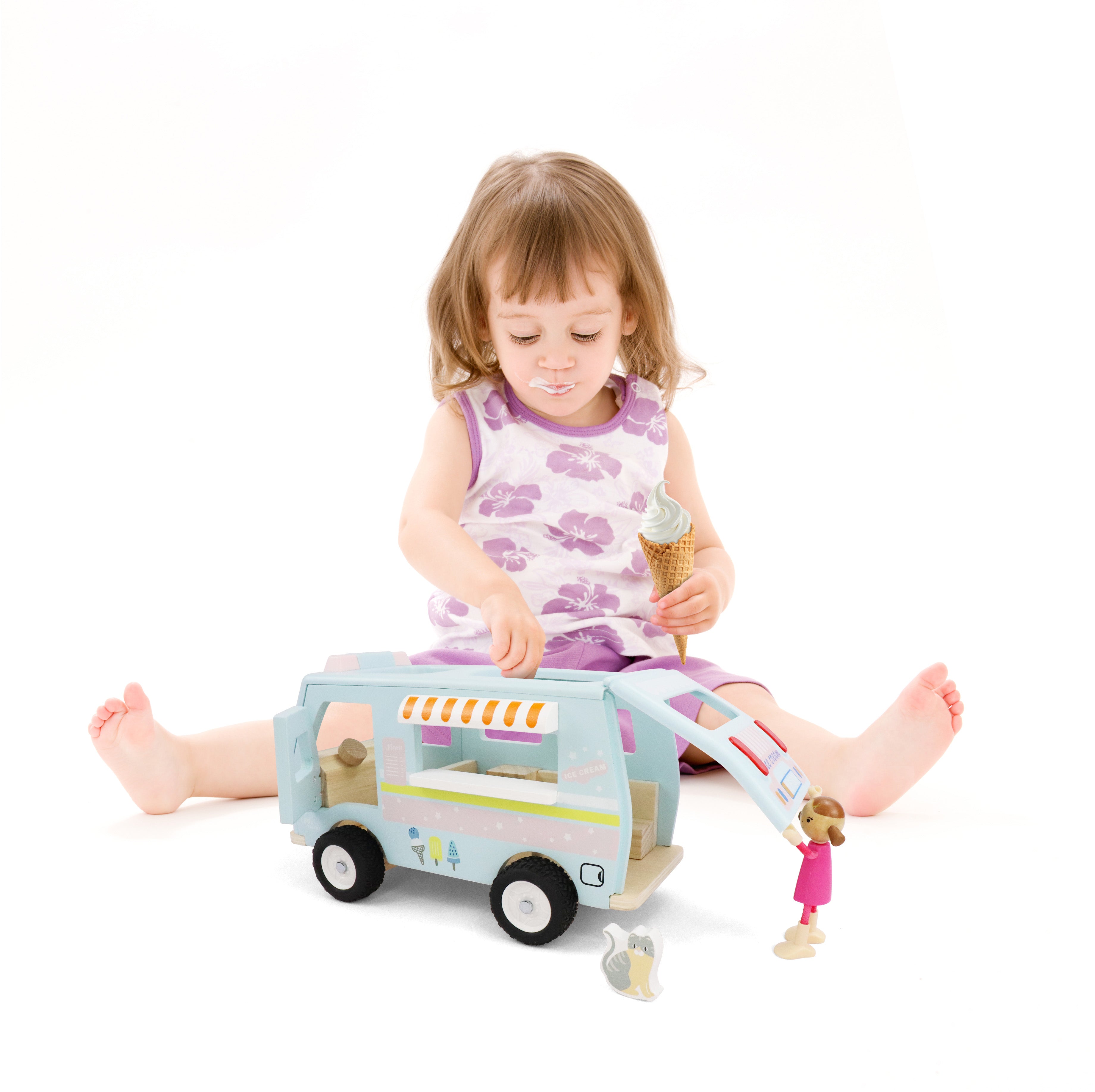 L&F Wooden Ice Cream Van, 3-Piece Set, for Toddlers 3-Years+ | Wooden Doll House Dolly Ice Cream Van Play Set | Educational Ice Cream Truck Playset, Perfect Birthday or Christmas Present