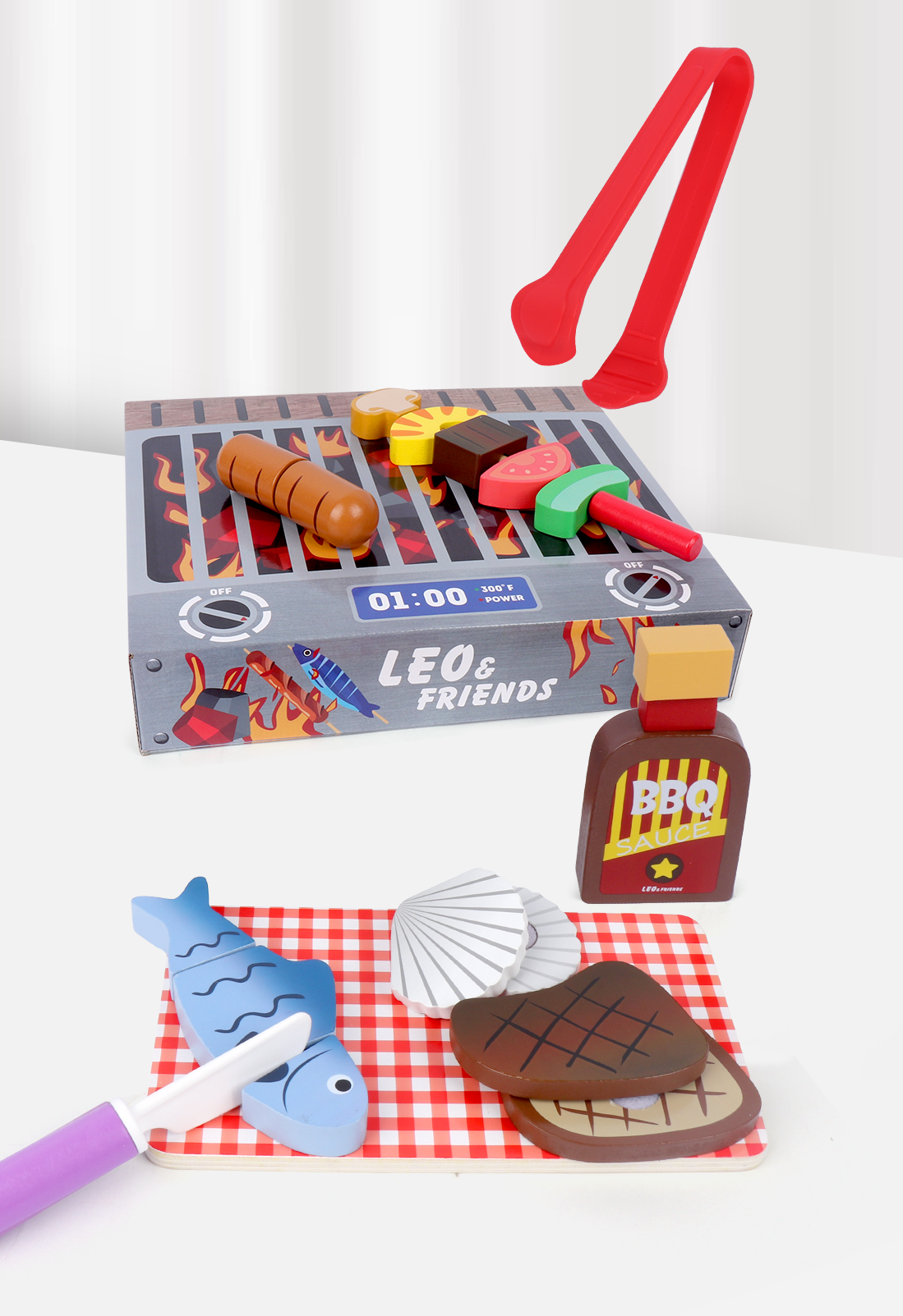 Leo and Friends Wooden Play Grill and Serve BBQ Playset (19 Pcs) - Toy Kitchen Accessories for Kids - BBQ cutting set - Perfect Gift for Ages 3 to 5 -Birthday Kid Indoor Outdoor Play Toys Gift Idea