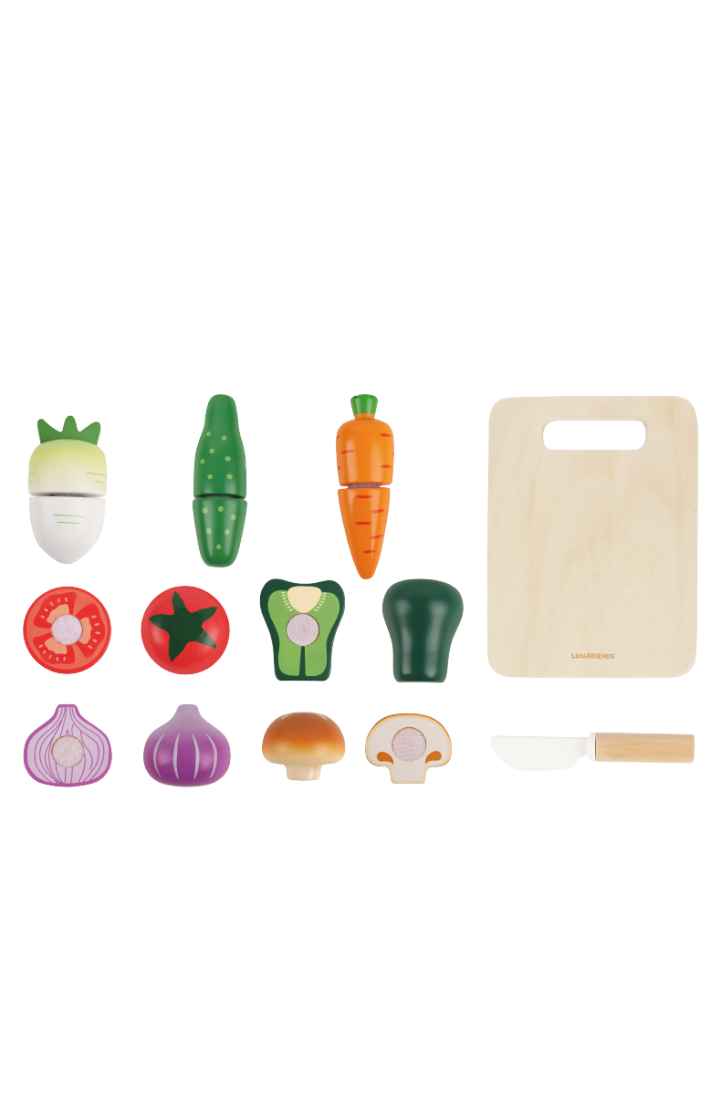 Leo and Friends Wooden Wooden Play Food Set for Toddlers - Vegetable Cutting Set for Boys & Girls - Educational Pretend Play Food with Knife and Chopping Board - Perfect Gift for Kids