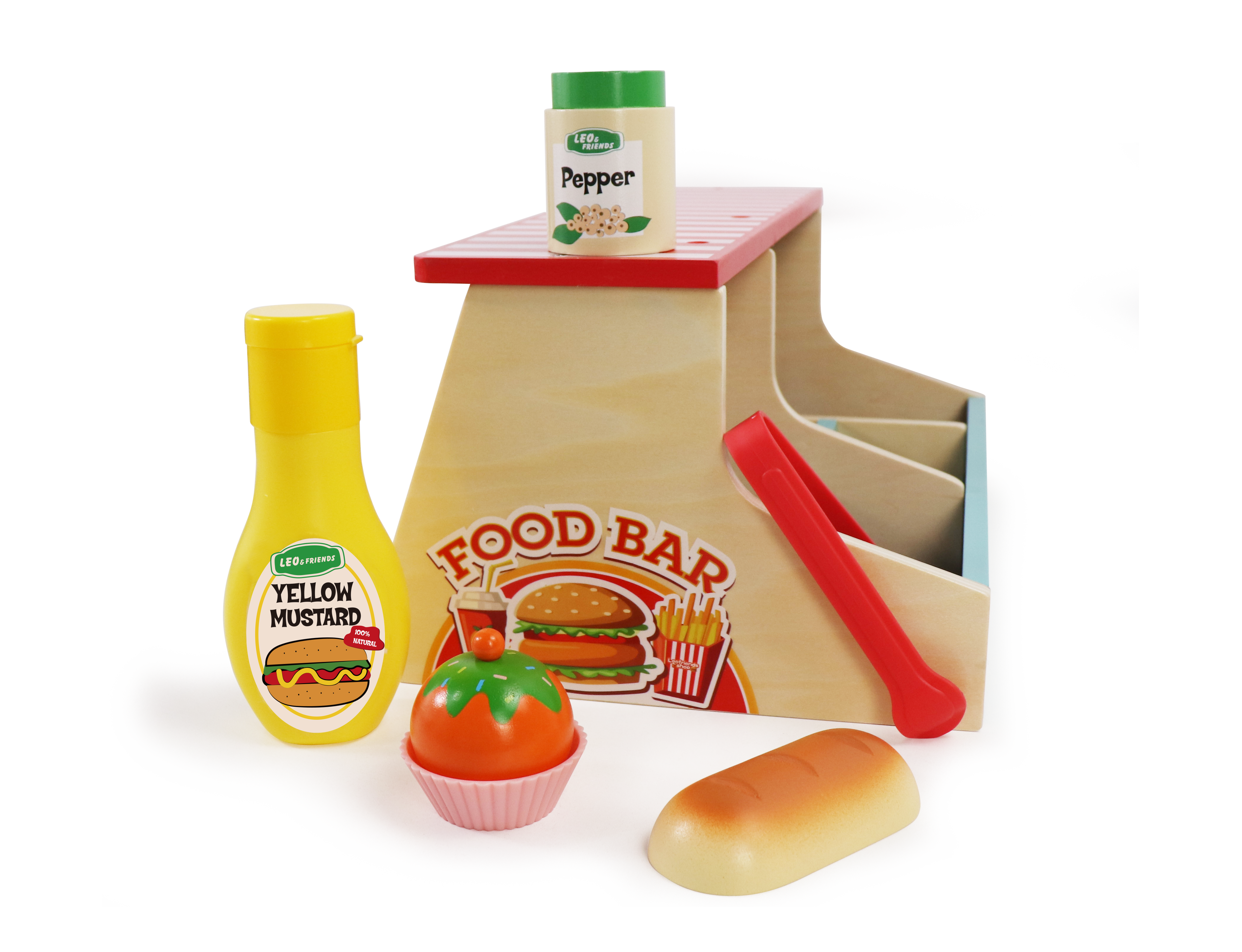 Leo and Friends 40 Pcs Wooden Play Food Set - Snack Counter with Fountain Drink Dispenser, Pretend Play Store Kitchen Toy - Wooden Burger Shop for Boys and Girls Ages 3+ - Early Learning Toy