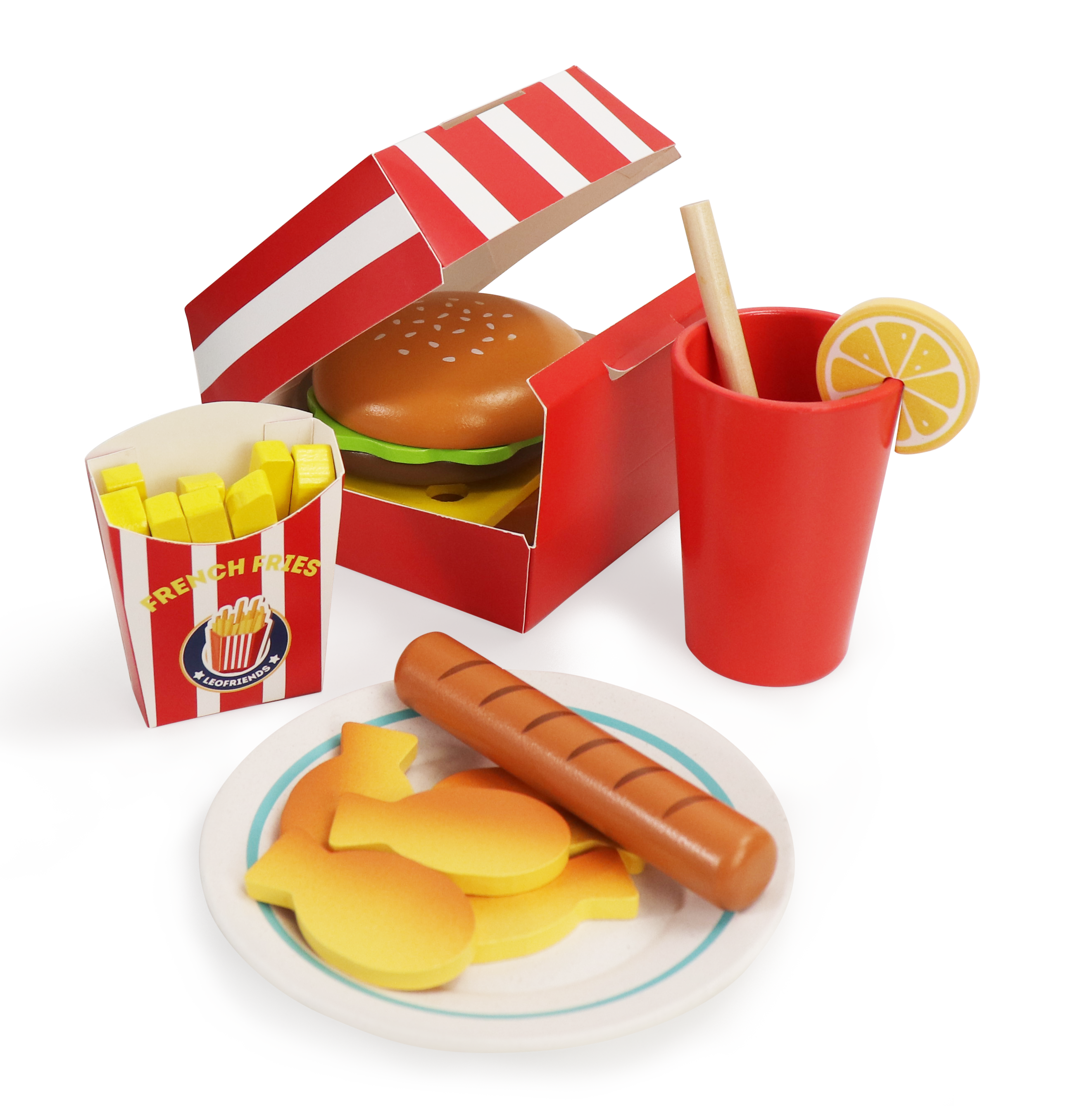 Leo and Friends 40 Pcs Wooden Play Food Set - Snack Counter with Fountain Drink Dispenser, Pretend Play Store Kitchen Toy - Wooden Burger Shop for Boys and Girls Ages 3+ - Early Learning Toy